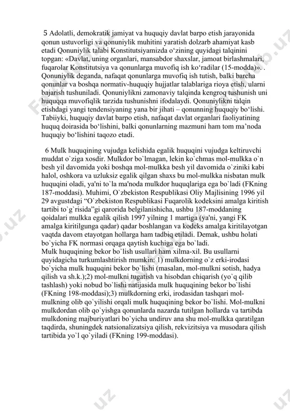 ish xususiyatiga ega. ha, mavjud bo'lgan tartib uchun zarur ijtimoiy munosabatlarning juda kuchli regulyatori. 4 huquqiy xulq-atvor - bu huquq normalariga mos keladigan, yuridik oqibatlarni keltirib chiqaradigan, ijtimoiy foydali ahamiyatga ega bo'lgan, huquq subyektlarining ongli ravishdagi xulqidir. huquq nuqtai nazaridan xulq-atvor huquqqa mos ke- luvchi, yuridik betaraf va huquqqa zid keluvchi bo‘lishi mumkin. huquqiy xulq-atvor elementlari: - subyektlar (jismoniy va yuridik shaxslar); - obyektlar (predmet va subyekt xulq-atvori); - obyektiv tomoni (xulq-atvorning harakat'va harakatsizlik ko‘rinishlari); - subyektiv tomoni (huquq normalariga mos keladigan xulqi bo‘lib, bu xulq doirasida fuqarolar o'zlarining huquqiy majburiyatlarinigina bajaradi, muayyan ko‘rinishdagi yuridik ahamiyatga ega bo'lgan harakatlarni amalga oshiradi. sust huquqiy xulq-atvor -bunga misol qilib, fuqarolarning saylovlarda ishtirok etmasligini ko‘rsatish mumkin. huquqiy xulq o‘zining barcha ko'rinishlarida shaxsning har tomonlama uyg‘unlashuviga muhim turtki bo'ladi hamda uning ijodiy va intellektual mahoratini va qobiliyatini o‘sishiga, ma’naviy-huquqiy sifatlari shakllanishiga yordam beradi. 5 adolatli, demokratik jamiyat va huquqiy davlat barpo etish jarayonida qonun …