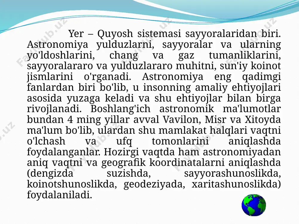 neytron yulduzi tarkibi bilan to`ldiradi, uning vazni taxminan 110 milion tonna bo`ladi. vaznsizlik holatida, barcha odamlar taxminan 5 santimetr balandroq bo`ladi. yerda gravitatsiya umurtqaga bosim beradi, jekin koinotda umurtqaga hech nima ta`sir qilmaydi, va u bor uzunligiga rostlanadi. sayyoralar quyosh va sayyolar orasidagi masofa, km quyosh atrofida ayla nish vaqti sayyo ra massasi (yer massasiga nisba tan) sayyo ra hajmi (yer haj miga nisba tan) sayyora lar radiuslari sayyo ra moddasining o`rta cha zichligi sayyora sirtidagi og`irlik ning ortishi (yerdagi nisbatga taqqosla ganda) merkuriy 57873000 0.24 0.055 0.05 2421 5.6 0,38 venera 108141000 0,61 0,817 0,88 6695 5.16 0.89 yer 195504000 1 1 1 6378 5.53 1 mars 227798000 1,88 0,107 0,15 3392 3.95 0.38 yupiter 777841000 11,86 318 1312 71373 1.34 2.54 saturn 1426097000 29,46 95,0 762 60399 0.71 ,.06 uran 2865132000 84,02 14,6 59 24847 1.36 0,96 neptun 4495692000 164,79 17,3 46 26499 2.22 1.00 pluton 5899051000 247,7 …