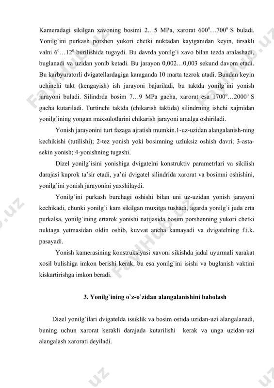 atilsa ozuka tulaligicha yonishga ulgura olmasligi natijasida yonilg`ining solishtirma sarfi oshadi. seton sonini oshirish uchun yonilg`i tarkibiga uglerod oksidi va vodoroddan sintez natijasida olingan suyuk yonilg`i sintin kushiladi, yoki reaksiyalanishni kupaytirish uchun uglerod perekisi, nitroalkonlar, izopropilnitrat kabilar kushiladi. yonishni yaxshilash uchun dizel dvigatellarda sikish darajasini oshirish natijasida bosim va xarorat kutariladi,xamda porshenlarni uzida issiklikni yaxshi ushlab turganligi uchun chuyandan yasalgani ma’kuldir. yonilg`ilar uz-uzidan alangalanishi murakkab fizik va ximiyaviy jarayon xisoblanadi. agarda tirsakli val 2000 ayl/min bilan aylanayetgan bulsa, yonish jarayoni xammasi bulib 0,026 sek vakt ichida sodir buladi. yonuvchi aralashma hosil qilish va unga ta’sir qiluvchi faktorlar yonuvchi aralashma xosil kilishga kuyidagi faktorlar ta’sir kiladi. 1. yonish kamerasidagi xarorat va bosim: bunga sikilish darajasi, sovitish sistemasi, tirsakli valning aylanishlar soni ta’sir kursatadi. agarda tirsakli valning aylanishlar soni past bulsa, yonilg`ining purkalish bosimi kamayadi. natijada uz-uzidan yonishi yemonlashadi. bu esa yonilg`ining tejamkorligiga ta’sir kursatadi va yonilg`i tuligicha oksidlanmasligi natijasida yepishkok lak …