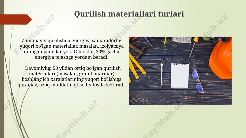 azuvchanligini ko'rsatadi va energiya tejash darajasiga ta'sir qiladi. metall konstruktsiyalar metall konstruktsiyalarni ishlab chiqarishda 300 mpa dan yuqori bosimga chidamli po'latlardan foydalanish ularning mustahkamligini va ishonchliligini sezilarli darajada oshiradi, bu esa xavfsizlik chegarasini kengaytiradi. o'rtacha metall konstruktsiyalarning qurilish muddati 2-3 oyni tashkil etadi, ammo murakkab loyihalar uchun bu muddat 6 oygacha yoki undan ham ko'p vaqtni olishi mumkin. polimer materiallar ba'zi polimer kompozitlari, 30% dan ortiq tolali kuchaytirgichlarni o'z ichiga olgan holda, og'irlikka nisbatan yuqori mustahkamlikka ega va beton yoki po'latdan ancha yengilroqdir. polimer materiallar, masalan, polietilen (pe) va polivinilxlorid (pvx), o'rtacha 100 mpa gacha bo'lgan tortish kuchiga ega va haroratga nisbatan turli xil chidamlilik ko'rsatkichlariga ega. ovoz yalıtım materiallari ovoz yalıtım panellarining oʻrnatilish texnologiyasi toʻgʻri bajarilganda, shovqin darajasini 20-35% ga pasaytirish mumkin, bu esa yashash qulayligini oshiradi. ovoz yalıtım materiallari, masalan, mineral jun, 30-50 db gacha shovqinni kamaytirishga qodir boʻlib, binolarning akustik xususiyatlarini sezilarli darajada yaxshilaydi. zamin qoplamalari zamin …