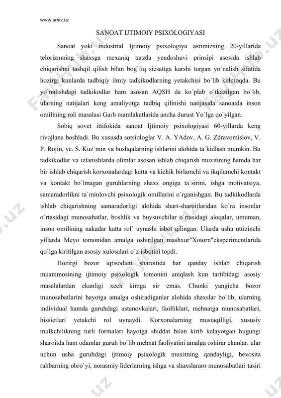 a munosabatlari, hissietlari yetakchi rol uynaydi. korxonalarning mustaqilligi, xususiy mulkchilikning turli formalari hayotga shiddat bilan kirib kelayotgan bugungi sharoitda ham odamlar guruh bo`lib mehnat faoliyatini amalga oshirar ekanlar, ular uchun usha guruhdagi ijtimoiy psixologik muxitning qandayligi, bevosita rahbarning obro`yi, norasmiy liderlarning ishga va shaxslararo munosabatlari tasiri aktual masala bo`lib qolaveradi va ularning harakteri ishlab chiqarish samaradorligiga bevosita tasir kursatadi. yangicha bozor iqtisodieti munosabatlari sharoitida rahbarlar oldida turgan yana bir muhim masala shuki, ular avvalgidan ham bilimdonrok bo`lib, bilimlarni ko`prok har bir shaxsning individual psixologik laekatlari va qobiliyatlari ishga munosabatlariga qarab, ularni takdirlashlari ishga jalb etishning turli-tuman formalarini topishlari zarur. xodimni, ishchini shaxsan, o`rganib, har bir qilgan ishini munosib takdirlash esa (xox moddiy, xox manaviy takdirlash bo`lsin) uning qisman testolog bo`lishini, hozirgi zamon psixologiyasining ommabop usullarini qo`llagan holda ish yuritishini talab qiladi. ishni tashqil etish, guruhlarini shakllantirishda ham u guruhlar psixologiyasi qonunlarini bilishi, odamlar soni va sifati masalasida ijtimoiy-psixologik jixatdan bilimdon …