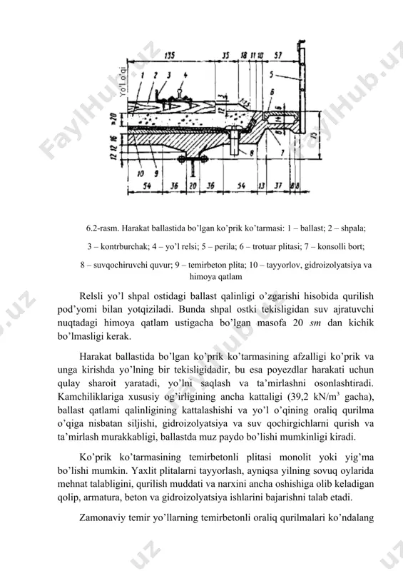 joylashtirish uchun, to’sinlar ustidagi plitalar qalinligi kattalashtiriladi va kengaytiriladi. plita kabel va boshqa kommunikatsiyalarni yotqizish, hamda trotuar plitasini o’rnatish va perilalarni mahkamlash uchun konsolli yon devorga ega. тemirbeton plita po’lat to’sinlarga ilmakli armaturali sterjenlar yoki halqa ko’rinishidagi egiluvchan ankerlar, qovurg’ali burchaklar, tavrlar, quvur yoki po’lat tilimlar bo’lagidan yasalgan bikir tirgaklar, hamda yuqori mustahkamli boltlar bilan mahkamlanadi. anker va tirgaklar. ankerlar po’lattemirbeton to’sinning egilishi, hamda to’sin va plitalar harorati farqidan o’lchamlarining o’zgarishi, beton kirishishi va tob tashlashidan sodir bo’ladigan siljituvchi kuchlarni qabul qiladi. ular to’sin belbog’lariga oddiy payvandlash yo’l bilan mahkamlanadi, bu esa, o’z navbatida, to’sin belbog’larida kutilmagan (keraksiz) kuchlanishlar konsentratsiyasi (to’plami)ni sodir qiladi. тemirbeton plitalarni po’lat to’sinlar bilan tirgaklar yordamida biriktirish plitadagi teshik (oyna)larni tez qotuvchi sementda tayyorlangan beton bilan to’ldirish orqali amalga oshiriladi, keyin esa gidroizolyatsiya va himoya qatlam yotqiziladi, bu esa, o’z navbatida, ayniqsa yilning sovuq oylarida, mehnattalablikni, qurish muddati va plitalarni to’singa mahkamlash narxini oshiradi. zamonaviy temir …