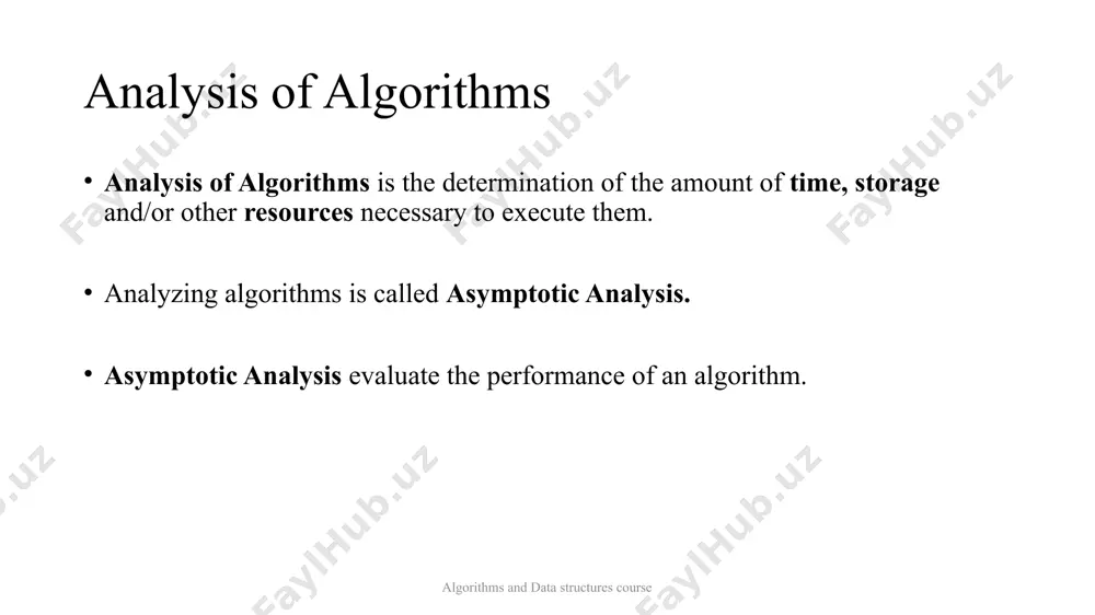 n x is present at the first location. (example: search for number 2). so time complexity in the best case would be (1) algorithms and data structures course 2 3 5 4 1 7 6 time complexity most of the times, we do worst case analysis to analyze algorithms. the average case analysis is not easy to do in most of the practical cases and it is rarely done. the best case analysis is bogus. guaranteeing a lower bound on an algorithm doesn’t provide any information. algorithms and data structures course asymptotic notations big-o notation: is an asymptotic notation for the upper bound. ω notation (omega notation): is an asymptotic notation for the lower bound. θ notation (theta notation): is an asymptotic notation for both the lower and the upper bounds. algorithms and data structures course big-o notation o(1) time complexity of a function (or set of statements) is considered …