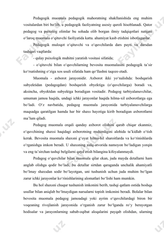 hqi qatlam ostida boshqa usullar bilan aniqlab bo‘lmaydigan narsalarni topish imkonini beradi. bolalar bilan bevosita muomala pedagog jamoadagi yoki ayrim o‘quvchilardagi biron bir voqeaning rivojlanish jarayonida o‘rganish zarur bo‘lganda ro‘y berayotgan hodisalar va jarayonlarning sabab-oqibat aloqalarini payqab olishdan, ularning tuzilishi, paydo bo‘lishi va rivojlanishini kuzatish, bundan tashqari, bu hodisalar va jarayonlarning yanada takomillashuvi to‘g‘ri ketayotganligini ma’lum darajada oldindan aytib berish kerak bo‘lganda ham zarurdir. ayni bir xil hodisaning turli kishilar tomonidan zuhur qilinishidagi farq - u shaxsning o‘tmishdagi tajribasiga bog‘liqligi bilan izohlanadi. bunday tajribaning uch jihati bor: - umuman, hayotiy tajriba; - pedagogik faoliyat tajribasi; - muayyan jamoa, o‘quvchilar bilan muomalada bo‘lish tajribasi. 1. pedagogning boshqa kishilar bilan muomalada bo‘lish tajribasi, bu tajribaning boyligi va muntazamliligi darajasi, pedagog o‘zi shaxs sifatida qay darajada shakllanganligi, uning voqelikni qay darajada idrok etishiga va olingan axborotga baho berishga qodirligini aniqlab beradi. 2. ikkinchi tomondan, pedagog faoliyati kishini o‘zi duch keladigan hodisalarni tahlil etish …