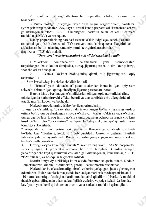 hqiriston, g’arbiy ovropa va boshqa mamlakatlarda ekiladi. opiyli ko’knori - opiy (afyun) opiy olish uchun ekiladi. opiyli ko’knori asosan osiyo mamlakatlarida, eronda, hindistonda, qozog’istonda, pokistonda ekiladi. bu turdagi ko’knori afg’nistonda ko’p ekiladi. afg’oniston 2000 yilda 8 tonna ekib yetishtirgan bo’lib mamlakatning asosiy daromadi ko’knori hisoblanadi. bir tup ko’knori 20 ta undan ortiq gul hosil qiladi, mevasi tuxumsimon yoki sharsimon simmetrik bo’laklarga bo’lingan bo’lib urug’lar bilan to’lgan. urug’lari turli rangda bo’lib yozda yetiladi. opiyli ko’knori urug’idan tashqari unda hamma alkoidlar bor. mevasidan yig’ib olingan opiy murakkab aralashma bo’lib, organik va mineral moddalardan tashkil topgan. tarkibida 2 foiz alkoidlar, karbon suvlar, organik kislotalar, tril terpen birikmalar, kauchuk, bo’yoq, pikten, oqsil shilliq va boshqa moddalar bor. opiyli ko’knoridan 26 xil alkaloid ajratib olingan bo’lib, eng ko’p ucharaydigan morfi (8 - 16 foiz) so’ngra narkotinkodein, papaverin, nartsein, tebani va boshqalardan iborat. ko’knorini arablar “afyun” deb nomlaganlar. o’zbeklar qora dori deyishadi. kanop bir yillik o’simlik …