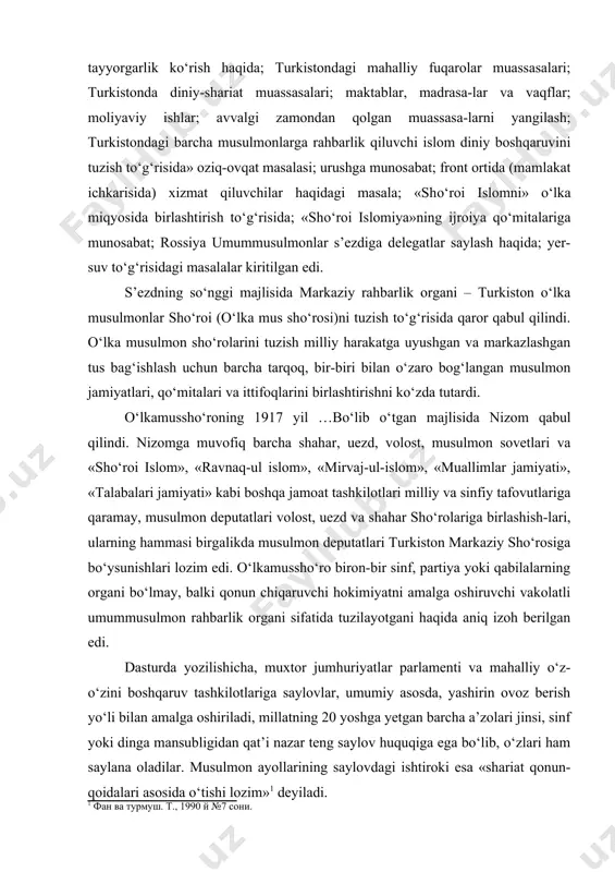 okimiyatni amalga oshiruvchi vakolatli umummusulmon rahbarlik organi sifatida tuzilayotgani haqida aniq izoh berilgan edi. dasturda yozilishicha, muxtor jumhuriyatlar parlamenti va mahalliy o‘z-o‘zini boshqaruv tashkilotlariga saylovlar, umumiy asosda, yashirin ovoz berish yo‘li bilan amalga oshiriladi, millatning 20 yoshga yetgan barcha a’zolari jinsi, sinf yoki dinga mansubligidan qat’i nazar teng saylov huquqiga ega bo‘lib, o‘zlari ham saylana oladilar. musulmon ayollarining saylovdagi ishtiroki esa «shariat qonun-qoidalari asosida o‘tishi lozim» deyiladi. jumladan, ular o‘z dasturlarida muxtoriyatga erishgan o‘lkalar ichki boshqaruv masalalarida, moliya, shariat, madaniyat, adliya va xalq maorif masalalarida mustaqil bo‘lmoqlari kerak, degan fikrni olg‘a suradilar. bunda har bir respublika, viloyat, uezdlarga bo‘linib, ularga mahalliy o‘z-o‘zini boshqarish huquqi, rossiyada yashab kelayotgan barcha turkiy millatlar va elatlarga esa tegishli masa-lalarni hal etish yuzasidan umumiy milliy-madaniy uyushma tashkil etish huquqi berilishi lozimligi ta’kidlandi. diniy masalalarni hal etish uchun maxsus «mahkamai sharia» tashkilotini tuzishni, uning viloyatlardagi boshqarmalariga, qish-loqlarda esa bo‘linmalari bo‘lgan qozixonalarga topshirilishi ko‘zda tutilgan. rossiya musulmonlariga …