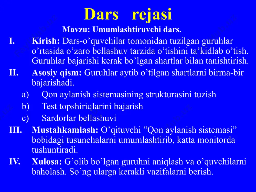 on quyilishi- 65-70 ml qon venalar b)gipotoniya c)2 tavaqali klapan bor a)aorta b)180-220 g c)1-2 l limfa suyuqligi a)miokard c)insult 1. yurakning o’zi 2 ta tojsimon arteriya orqali arterial qon bilan ta’minlanadi 2. katta odamda tinch holatda qon bir marta aylanib ciqishi uchun 25-30 sek. vaqt ketadi 3. yurak bir kech-kunduzda 100000marta qisqarib, 10 tonnaga yaqin qonni qon tomirlarga chiqaradi. 4. arterial bosim 2 xil: maksimal va minimal bosimga bo’linadi 5. minimal bosimni diastolik bosim ham deyiladi 6. qon oqishining o’rtacha chuziqli tezligi aortada 40 sm/sek gacha sekinlashadi 7. katta odamda tinch holatda yuragi 1 minutda 70-72 marta uradi 8. arterial qon tomirining to’lqinlanishi arterial puls deyiladi 9. arterial qon bosimining normaga nisbatan ortishi gipertoniya deyiladi yurakning ishlashi joylashishi-to’sh suyagining or-qasida,2 la o’pkaning o’rtasida, ko’proq qismi ko’krak bo’shli-g’ining chap tomonida vazni-erkaklarda 220-300 g, ayollarda 180-220g 3 qavat-endokard,miokard, pe-rikard (ichki qavat va epi-kard) 1 minutda-5 l qon oqib o’tadi, tinch holatda …