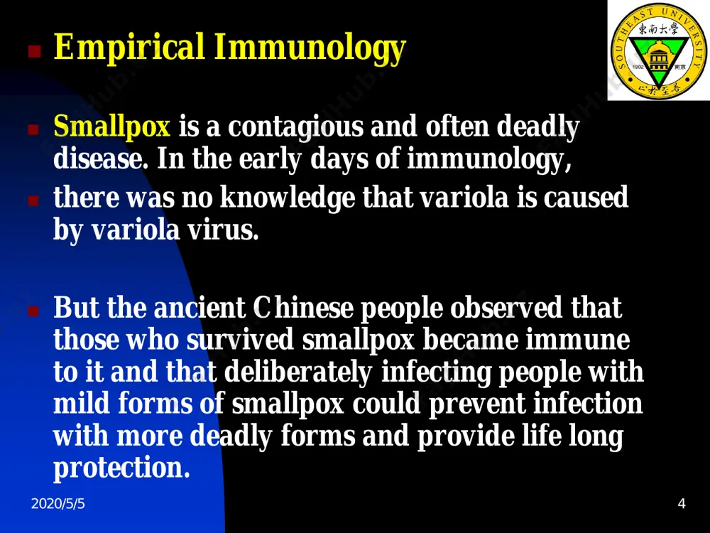 ◼ humoral immunity - ◆secreted products of b lymphocytes ◆antibodies or immunoglobulins (ig) ◼ cellular immunity - ◆t lymphocytes. t cell receptor ◆cytokines and cell-cell contact 2020/5/5 26 [iii]discovery of immune tolerance and artificially induced immune tolerance ◼ immunological tolerance is an important for several reasons. in 1945, owen made a crucial observation, suggesting that tolerance to self-ag occurred because the observing that adult dizygotic twin cows each contained a mixture of their own and their twin’s blood cells, indicating that they were equally tolerant of their own and each other’s blood cell ag. ◼ “chimera” 2020/5/5 27 exposure to antigen in embryonic or neonatal period leads to immune tolerance. in 1945, ray owen first reported that in the embryonic exposure allotypes of ag induced immune tolerance phenomenon. discovery of immune tolerance and artificially induced immune tolerance 2020/5/5 28 ◼ in 1953, medawar carried out the first ◼ lab experiments …
