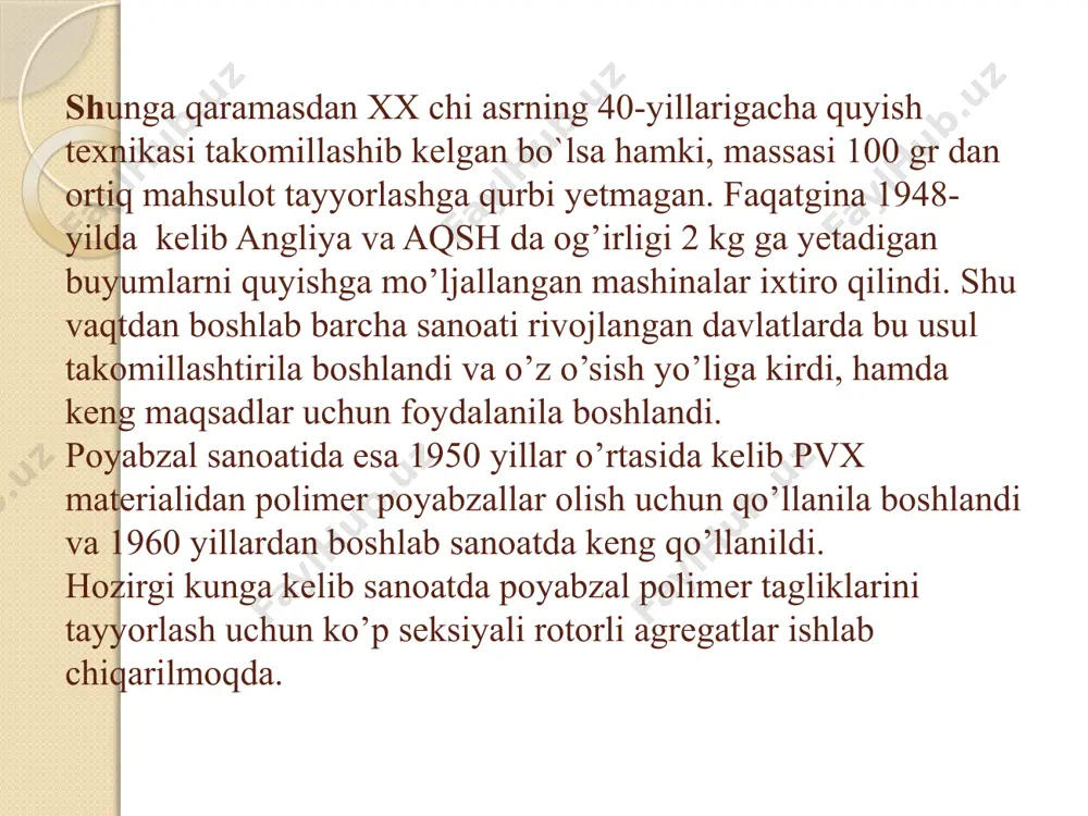 ta’minlovchi qurilmadan iborat. quyish mashinalari ish tamoyiliga va konstruksiyasiga qarab porshenli (plunjerli), chervyakli va cheryakli- porshenli bo’lishi mumkin. porshenli mashinalar: formaga suyulmani purkash porshen orqali amalga oshiriladi (4.3-rasm). granula yoki kukun ko’rinishdagi polimer materiali yuklash voronkasi orqali quyish silindriga uzatiladi va bu yerda suyuq-oquvchan holatga kelgunga qadar qizdiriladi. porshen harakatllanganda suyultirilgan material quyish quvuri orqali press-formaga quyiladi. chervyakli mashinalar. ekstruziya deb – quvur, tasma, varaq ko`rinishidagi termoplastik materialni to`xtovsiz surib chiqarish jarayoniga aytiladi bu mashinalar birmuncha takomillashtirilgan bo`lib,chervyak va porshen harakatlarini o`zida mujassam qilgan afvzalligi: shundaki mashina oddiy va konstruksiyasi chidamli lekin shu bilan bir qatorda kamchiligi shundan iboratki material bir tekisda suyuqlanmaydi va har xil strukturaga ega bo’ladi. shuning uchun ham porshenli mashinalar kichuk hajimli buyumlarni quyish uchun hamda tez suyuqlanadigan materiallarni quyishda qo’llaniladi. kamchiligi: poshenli mashinalarda yuqori qovushqoqlikka ega bo’lgan materialga ishlov berish juda qiyin. press-forma qolipdan matritsadan va buyumning tagiga shakl beruvchi puansondan iborat (4.6-rasm). matritsa ikkita …