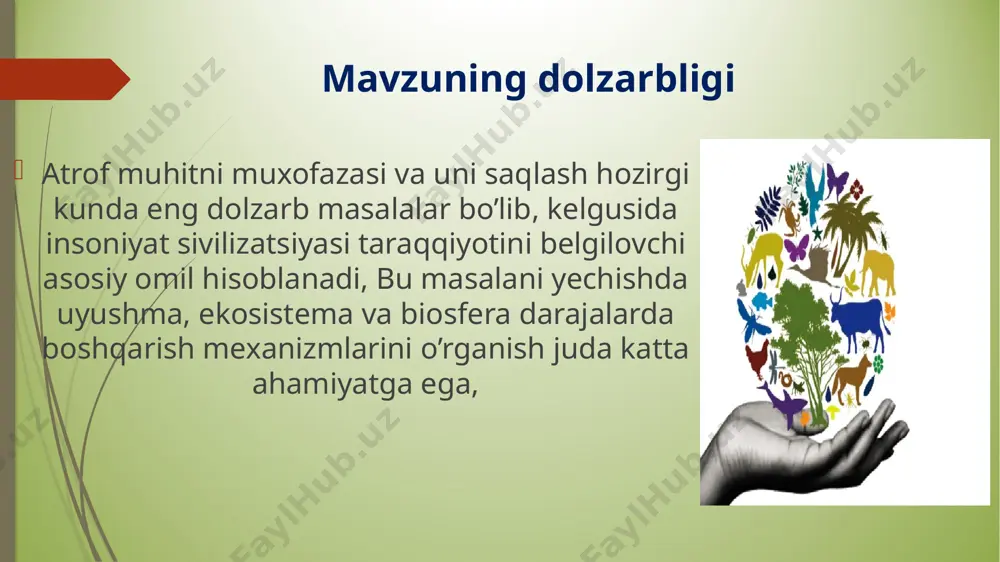 teriyaning barcha kimyoviy elementlari biosferadagi davriy aylanishi ma`lum bir xarakterli yo`nalishga ega, ya`ni atrof-muhitdan organizmga o`tib, organizmdan yana atrof-muhitga qaytadi. bunday jarayon u yoki bu darajadagi yopiq traektoriya bo`lib, biogeokimyoviy sikl deyiladi (yoki aylanma harakat). 7. tirik mavjudot biosferaning eng faol komponentlaridan hisoblanadi. u gigant geokimyoviy ishlarni bajarib, geologik vaqt masshtabida yer qobig’ini o`zgartiradi. 8. antropogen ta`sir hozirgi kunda biosferadagi jarayonlarga undagi biogeokimyoviy sikllarning borishini tezlashtirishi yoki sekinlashtirishi mumkin. har ikkala holda ham tirik tabiatdagi jarayonlarni o`zgarishiga olib keladi, bu esa o`z navbatida har xil turg’unmasliklarga, o`z vaqtidan oldin ma`lum bir turning yo`qolib ketishi, biror bir populyatsiyaning soni haddan ziyod ko`payib ketishi (populyatsion portlash), ekosistemaning bir turdan boshqa turga o`tishi va hokazolar sabab bo`lishi mumkin. 9. amaliy ekologiyaning asosiy vazifalaridan biri, misol qilib aytish mumkinki, atmosferadagi jarayonlarga antropogen ta`sirni kamaytirish yoki bunday ta`sirni differensiyatsiyalashdan iboratdir. 17 e’tiboringiz uchun raxmat ! image2.jpeg image3.jpeg image4.png image5.jpeg image6.png image7.png image8.gif image1.jpeg