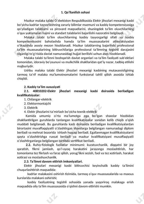 angari asbob uskunalari · kesuvchi asboblar; · moylovchi-sovutuvchi materiallar; · texnik va ma’lumotnoma hujjatlar. 3.1.4. elektr jihozlarini ta’mirlash bo‘yicha texnik-elektrik kvalifikatsiyasi bo‘yicha: · turli konstruksiya va tipdagi elektr jihozlari va mashinalari; · elektr jihozlari va mashinalarining extiyot qismlari; · ta’mirlash asboblar to‘plami; · nazorat-o‘lchov asboblar va priborlar; · maxsus va universal moslamalar; · elektr asbob va uskunalari; · elktr-chilangari asbob uskunalari · kesuvchi asboblar; · moylovchi-sovutuvchi materiallar; · texnik va ma’lumotnoma hujjatlar. 3.2. 4.62.02.02-elektr jihozlari mexanigi kasbi bo‘yicha ta’lim oluvchi qo‘yidagi faoliyat turlariga tayyorlanadi: · dehqonchilik va chorvachilik soxalarning elektr tizimiga xizmat ko‘rsatish. 3.2.1. chilangar-elektrik kvalifikatsiyasi bo‘yicha: · elektr jihozlari mexanigi ko‘rsatmasiga asosan agregatlarni yechish, zarur detallarini soziga almashtirish, yig‘ish va sinash ishlarini bajaradi. 3.2.2. elektormontajchi kvalifikatsiyasi bo‘yicha: · elektr jihozlari mexanigi ko‘rsatmasiga asosan qishloq xo‘jaligida foydalanib kelingan ob’ektlardagi elektr jihozlari va mashinalarini montaj ishlarini bajaradi. 3.2.3. elektrik kvalifikatsiyasi bo‘yicha: · elektr jihozlari mexanigi ko‘rsatmasiga asosan qishloq xo‘jaligida foydalanib kelingan …
