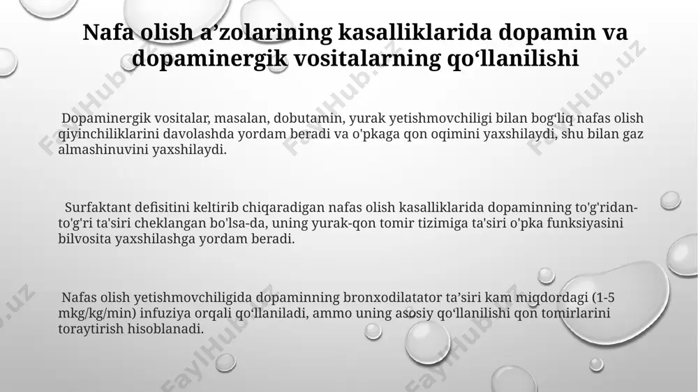 ikda qo'llanilishi, 25-50 mg kunlik dozada boshlanishi va bemorning javobiga qarab sozlanishi mumkin. dopaminergik vositalarning yon taʼsiri va kontrendikatsiyalari dopaminergik preparatlarning kontrendikatsiyasi – feoxromotsitoma, glaukoma, og'ir jigar va buyrak yetishmovchiligi, shuningdek, yosh chegaralari (masalan, 18 yoshdan past bolalar). dopaminergik vositalar yurak urishining tezlashishi (taxminan 10-20%) va aritmiyalarni, shu jumladan, qorincha taxikardiyasini keltirib chiqarishi mumkin. ayrim bemorlarda 20% gacha hollarda gipertenziya, diqqatning pasayishi va uyqusizlik kuzatiladi, bu esa dozani to'g'rilashni talab qilishi mumkin. dopaminning nafas olish tizimiga taʼsiri dopaminning nafas olish markazlaridagi d2 retseptorlariga taʼsiri nafas olish tezligini va chuqurligini, taxminan 15-20% ga oʻzgartirishi mumkin, bu esa gipoventilyatsiyaga yoki giperventilyatsiyaga olib kelishi mumkin. dopaminergik dorilar, ayniqsa yuqori dozalarda qoʻllanilganda, nafas olish mushaklarining kuchini pasaytirib, 5-10% gacha nafas olish hajmining kamayishiga olib kelishi mumkin. o'pka to'qimalarida dopamin d1 retseptorlarining faollashuvi bronxlarning kengayishiga va shishishning kamayishiga, natijada o'pka hajmiga 3-7% ta'sir ko'rsatishi mumkin. selektiv va selektiv boʻlmagan dopaminergik vositalar selektiv bo'lmagan dopaminergik vositalar …