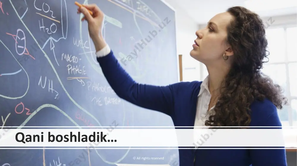 uchun dalillarni tahlil qiladilar, sharhlaydilar va quyidagi savollarga javob izlaydilar har bir mavzuni o‘rganishda quyidagi ko‘nikmalar shakllanadi. demak jarayon ko‘nikmalari quyidagilardan iborat: ©️ all rights reserved kuzatish taqqoslash tasniflash qurilma va uskunalardan foydalanish muloqot xulosa qilish gipotezani shakllantirish bashorat qilish tahlil qilish baholash imkoniyatlar yaratish 1 – amaliy mashg’ulot 1-amaliy mashg‘ulot – barqaror tushunchalarni shakllantirish. g‘oyalarni konseptual rivojlantirish uchun barqaror tushunchalarni yaratish. ©️ all rights reserved 1-amaliy mashg'ulot uchun ko'rsatmalar • har birda 4 kishidan iborat bo’lgan kichik guruhlarga ajrating • 5 ta sohalarning biridan mavzuni tanlang • guruh lideri, izohlarni yozib oluvchi, vaqtni nazorat qiluvchi va savol beruvchi rollarini tayinlang • muhim g'oyalar bilan barqaror tushunchalarni yozing ©️ barcha huquqlar himoyalangan guruh ishi ©️ all rights reserved namuna: “hayotning hujayrasiz shakllari” mavzusini ko‘rib chiqamiz. kontekst: mahalliy, shaxsiy, o‘rganish sohasi: sog‘lik va kasalliklar bosh (katta, muhim) g‘oya. xilma -xillik. barqaror tushuncha: virus virus- hayotning hujayrasiz shakli, ya‘ni hujayrasiz tuzilishga ega …