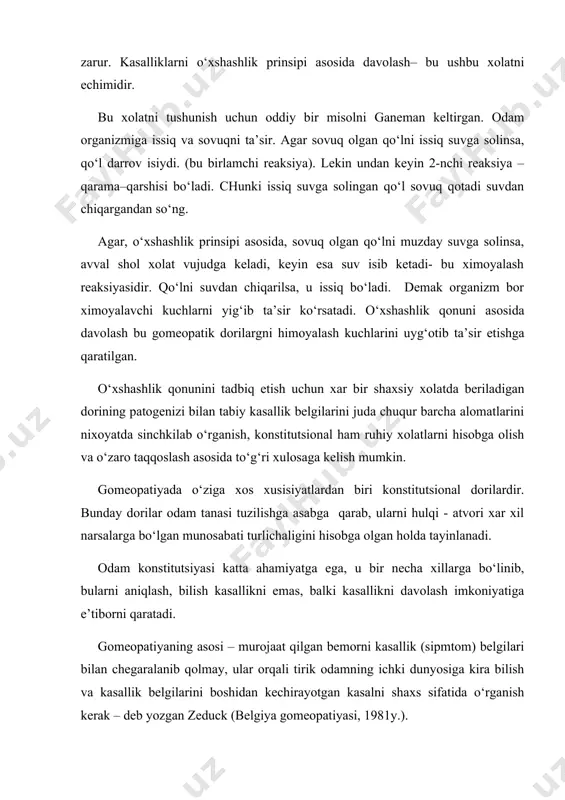 ini boshidan kechirayotgan kasalni shaxs sifatida o‘rganish kerak – deb yozgan zeduck (belgiya gomeopatiyasi, 1981y.). shunday qilib odam konstitutsiyasi kasalning reaktivligini aniqlovchi barcha nasl belgilari, tananing morfologik va funksional xususiyatlari bo‘yicha ma’lumotlar beradi. odam konstitutsiyasini o‘rganishda kasallikning paydo bo‘lish davrida tananing qanday o‘zgarishlarga uchrashi, atrofdagi narsalaga qanday munosabatda bo‘lishiga katta ahamiyat beriladi. konstitutsional deganda xar bir kasalga alohida yondashish zarurligi da’vat etiladi. asosiysi – tashqi ko‘rinishi: yuz tuzilishi, chunki yuzda odamning tabiati, xulqi, fe’li, mijozi, tana reaktivligi xususiyatlari namoyon bo‘ladi. bularni birinchi marta gippokrat, uning fikrini rivoj etishida paratsels, keyin esa abu ali ibn sino hissa qo‘shgan. asoschi bo‘lib ganeman tan olingan. u 1811 y. yozgan “organon” asarida odamning konstitutsional turida to‘xtab o‘tgan. 1. psora – sirtki xarakterga ega bo‘lgan organizmni reaksiyasi (qo‘tir), u sekin o‘tadi 2. sikoz – organizmda giperreaksiya kejadi (so‘gal tashish, xolera) 3. sifilina – organizmda potologik reaksiya kechadi (sifilis, rak). organizmning reaksiyasini oshiruvchi maxsus ta’sirli dorilar …
