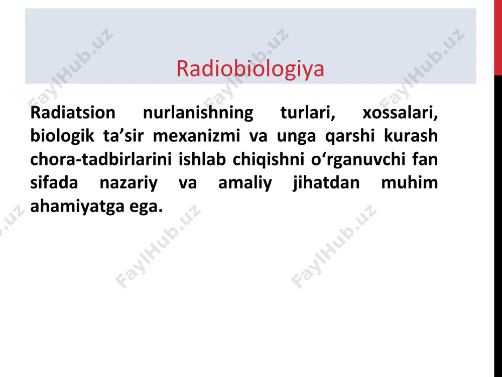 iasi. «mixama» fojiasi. «fukusima» fojiasi. ionlashtiruvchi nurlanish elektromagnit nurlanishning nisbatan batafsil o‘rganilgan spektri hisoblanib, aynan radiobiologiya va radiobiofizika fanining tadqiqot sohasini tashkil qiladi. barcha zaryadlangan zarrachalar modda bilan ta’sirlashishda o‘z energiyasini yo‘qotishi, bu energiyaning modda atomi tomonidan yutilishi hisobiga ionizatsiya hodisasi yuzaga kelishi qayd qilinadi. masalan, o‘limga olib keluvchi -600 ber radiatsion nurlanish ta’sir ko‘rsatishi sharoitida, odam organizmida har 1 sm3 biologik to‘- qimaga nisbatan taxminan 1015 dona ion hosil bo‘lishi hisoblab chiqilgan. ionlashtiruvchi nurlanish turlariga - elektromagnit nurlanish spektrlari (y-nurlanish va rentgen nurlanishi), korpuskulyar nurlanish kiritiladi. korpuskulyar nurlanish elektron, pozitron, neytron, alfa zarrachalar, protonlar, tezlashtirilgan ion kabilar tomonidan yuzaga keltiriladi. jumladan, elektronlar ta’sirida yuzaga keluvchi nurlanish turi sifatida - radioaktiv atom yadrosi parchalanishida yuzaga keluvchi, 0,002-2,3 mev energiyaga ega bo‘lgan elektronlar (b- zarrachalar) qayd qilinadi. korpuskulyar ionlashtiruvchi nurlanish korpuskulyar ionlashtiruvchi nurlanishga quyidagilar kiritiladi: • β - zarrachalar oqimi (elektronlar yoki pozitronlar oqimi); • protonlar ( h+), deytronlar (d+) oqimi; …