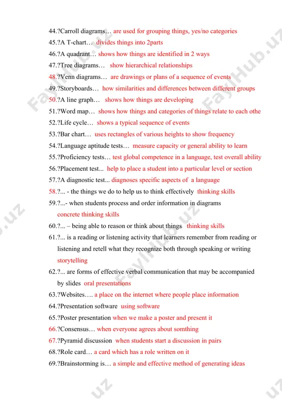 place a student into a particular level or section 57. ?a diagnostic test... diagnoses specific aspects of a language 58. ?... - the things we do to help us to think effectively thinking skills 59. ?...- when students process and order information in diagrams concrete thinking skills 60. ?... – being able to reason or think about things thinking skills 61. ?... is a reading or listening activity that learners remember from reading or listening and retell what they recognize both through speaking or writing storytelling 62. ?... are forms of effective verbal communication that may be accompanied by slides oral presentations 63. ?websites…. a place on the internet where people place information 64. ?presentation software using software 65. ?poster presentation when we make a poster and present it 66. ?consensus… when everyone agrees about somthing 67. ?pyramid discussion when students start a discussion in pairs 68. ?role card… a …