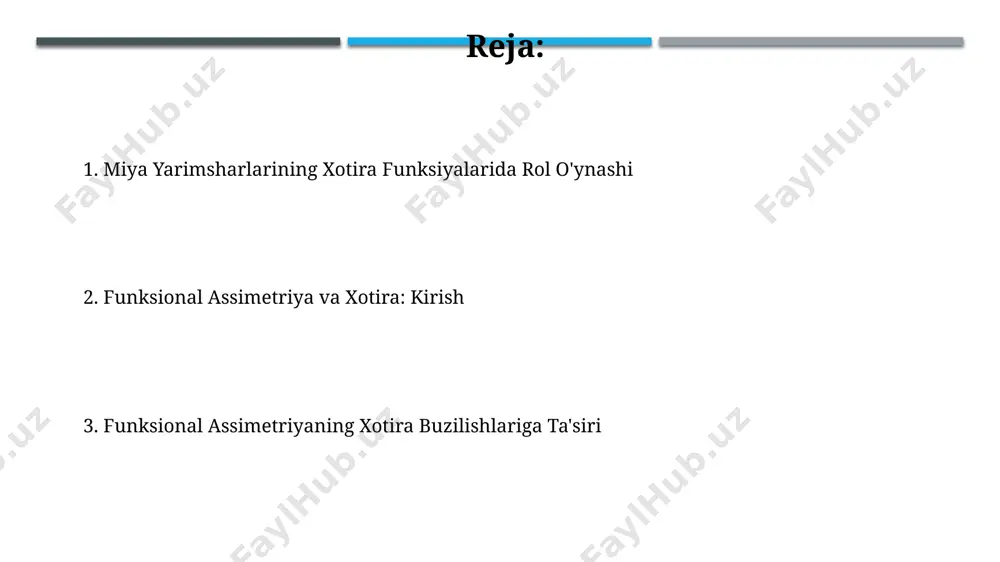g faolligi pasayadi va bu yoshga bog'liq demansiyaning rivojlanishi bilan bog'liq bo'lishi mumkin. aqshning kaliforniya shtatida o'tkazilgan bir tadqiqotda 50 yoshdan oshgan ishtirokchilarda 15% qo'sh qo'llik kuzatildi, bu esa funktsional assimetriyaning yoshga bog'liq individual farqlarini tasdiqlaydi. xotira turlari va ularning miya yarim sharlari bilan bog'liqligi tilga bog'liq bo'lgan epizodik xotira, asosan, miyening chap yarim shari, aniqrog'i broka va vernike maydonlari atrofidagi hududlar (44 va 22 maydonlar) faoliyati bilan bog'liq bo'lib, voqealar va so'zlarni eslab qolishda ishtirok etadi. xotiraning vizuospatial turi, odatda, miyening o'ng yarim shari bilan, ayniqsa, parietal lobida joylashgan 7-mayda joylashgan mintaqalar bilan bog'liq bo'lib, fazoviy joylashuv va vizual detallarni eslab qolishda muhim rol o'ynaydi. avtobiografik va epizodik xotira avtobiografik xotira, miyaning chap yarim sharida, ayniqsa broka maydonida joylashgan til markazlari bilan chambarchas bog'liq bo'lib, 20-30 yosh oralig'ida eng yuqori darajada faollikni namoyon etadi. epizodik xotira, gipokampus va amigdala kabi limbik tuzilmalarga bog'liq bo'lib, masalan, london tadqiqotlari shuni ko'rsatdiki, …