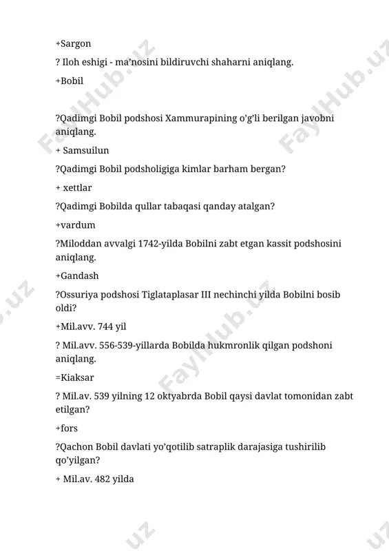 gi qaysi muqaddas kitob xudolarga bag’ishlangan diniy madhiya (gimn)lardan iboratdir? + rigveda ?maxabharata-dostoni muallifini aniqlang. +vyasa ?”indika” asari muallifini aniqlang. +mеgasfеn ?qaysi tarixchi makedoniyalik aleksandrning harbiy yurishlariga, jumladan, uning hindistonga qilgan harbiy yurishiga bag’ishlangan «anabazis» dеgan kitobi, shuningdеk, bu kitobga qo’shimcha qilingan va kichkina bo’lsada, lеkin qadimgi hindiston tarixi uchun muhim bo’lgan «hindiston» dеgan asari ham katta ahamiyatga egadir +arrian ?qadimgi mohenjadaro xarobalari nechi gektardan iborat ekanligini aniqlang. +260 ga ?podsho bimbasara hukmronlik yillarini aniqlang. +mil.avv. 519—491 yillar ?qaysi davlat miloddan avvalgi v asrda shimoliy hindistondagi eng kuchli davlatga aylangan? +magadxa mauriya ?yunon-makedon kuchlarini hindistondan haydab chiqargan hukmdorni aniqlang. +chandragupta ?miloddan avvalgi ii asrda hindistonga kimlar kirib brogan? +saklar ?qadimgi xitoyda chun-syu davri nechinchi asrlarni o’z ichiga oladi? +mil.avv vi-v asrlar ?qadimgi xitoy faylasufi konfutsiy yashagan yillarni aniqlang. +mil.avv 551-479-yillar ?sin hukmdori in-chjen miloddan avvalgi 228-221-yillarda umumiy nechta podsholikni bo’ysundiradi? +5 ?sin shixuandi o’z davlatini nechta viloyatga bo’lib boshqargan? +36 …