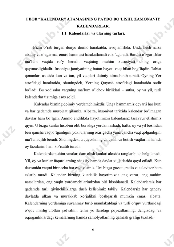 yd etiladi. kun davomida vaqtni bir necha bor esga olamiz. uni bizga gazeta, radio va televizor ham eslatib turadi. kalendar bizning kundalik hayotimizda eng zarur, eng muhim narsalardan, eng yaqin yordamchilarimizdan biri hisoblanadi. kalendarlarsiz har qadamda turli qiyinchiliklarga duch kelishimiz tabiiy. kalendarsiz har qanday davlatda ulkan va murakkab xo’jalikni boshqarish mumkin emas, albatta. kalendarning yordamiga suyanmay turib mamlakatdagi va turli o’quv yurtlaridagi o’quv mashg’ulotlari jadvalini, temir yo’llaridagi poyezdlarning, dengizdagi va oqarganliklardagi kemalarning hamda samolyotlarning qatnash grafigi tuziladi. kalendar turli davlatlar, mamlakatlar va xalqlar o’rtasidagi munosabatlarda ham katta rol o’ynaydi. bu kalendarlarning hammasi bitta tartib qoidaga asoslanadi. yil grigorian kalendari bo’yicha qishning o’rtasida 1-yanvarda, hijriy kalendar amal qilayotgan islom diniga e’tiqod qilinadigan mamlakatlarda 21-martdan boshlanib, 365 kun 6 soatdan iborat bo’ladi. har to’rt yilning to’rtinchi yili, ya’ni soni to’rtga bo’linadigan yil qo’shimcha 366 kunga ega bo’ladi va bu yil kabisa yili deb ataladi. (kabisa so’zi haqida boshqa mavzuda ma’lumot beramiz). oddiy …