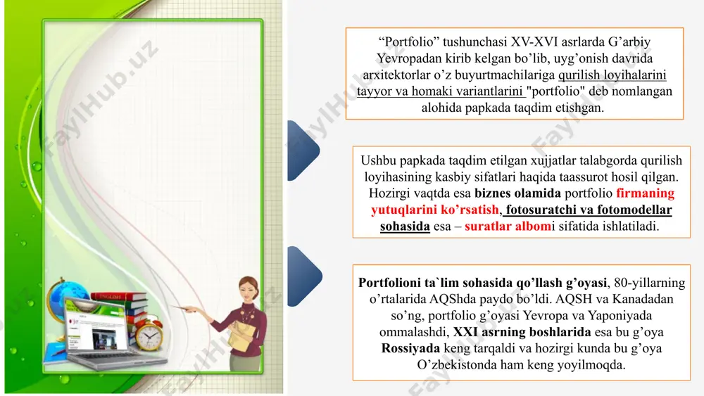 agi olam “ijodiy rivojlanish” bu bo‘lim o‘zida ijodiy ishlarning suratlari, rasmlar, bolalarning turli saxna ko‘rinishlarida qatnashganlarining suratlarini o‘z ichiga oladi. turli janrlardagi rasmlar (akvarael, guash, turli bo‘yoqlar) loy ishi (plastilin, loy, turli massalar) applikatsiya konstruksiyalash ishlanmalarning rasmlari teatr postanovkalari (rollani kiritish, fotolarni biriktirish) bu kabi ma’lumotlarni xronologik tartibda joylashtirish maqsadga muvofiq. turli konkurslar, sport musobaqalarida qatnashganligi to‘g‘risidagi ma’lumotlar. bu blokning materiallari bolaning individul reytingini tuzishga, ta’lim-tarbiya ishlarining olib borilishining natijalarini qanday tarzda o‘zgarayotganini bilib borish imkoniyatini yaratadi. umumiy rivojlanish dinamikasi. bola tilidan jumlalar, bolaning qiziqarli so‘zlari, jumlalari men xarflarni bilaman. men o‘qiyman 3-4-5 yoshimda (xarflarni, s o‘zlarni, b o‘ g‘inlab) men sanayman 3-4-5 yoshimda (10 gacha, o‘nlib, yuzlab) mening sevimli q o‘shi g‘im mening sevimli sherim meni chala oladigan musiqiy asboblar men raqs tushaman “fikr-muloxaza va istaklar” (ko‘rgazmali tarzda) tarbiyachilar tomonidan ota-ona tomonidan qo‘shimcha pedagoglar tomonidan. pedagogning ijobiy baholaganichalik xech narsa bolaga motivatsiya bera olmaydi. bu bo‘limda bola haqidagi fikrlar, …