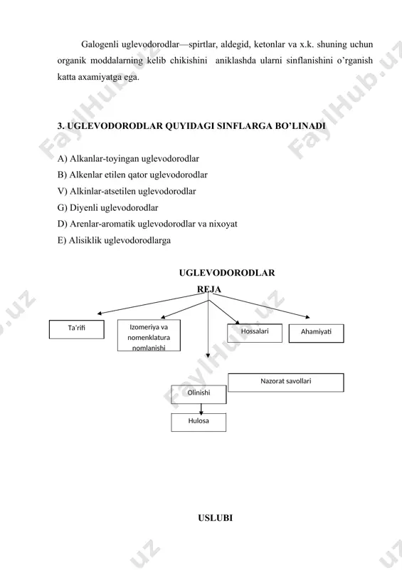 ’shib xosil qilinadi. masalan, pentan - c5h12, geksan - c6h14, geptan - c7h16 toyingan uglevodorodlarni sistematik nomenklatura (xun) boyicha nomlash uchun avvalo asosiy zanjir. (uglerod zanjiri) nomerlanadi. nomerlash radikal joylashgan yoki u yaqin turgan tomondan boshlanadi. 1 2 3 4 5 ch3 – ch-ch2 – ch2 –ch3 ch3 2-metilpentan 5. tabiatda uchrashi va olinishi toyingan uglevodorodlar asosan, tabiy gazdan, neftdan, tog mumidan va o’simliklardan olinadi. toyingan uglevodorodlar fransuz kimyogari adolf vyurs (1855) reaksiyasi boyicha galoidalkillarga natriy metalini ta`sir ettirib olinadi: ch3i+na+ch3i-2na ch3 –ch3+ 2nai 2.alkanlarning galogenli xosilalarini katalizatorni ishtirokida vodorod atomlari yoki vodorod yodid bilan yuqori temperaturada qaytarib alkanlar olinadi. ch3 — ch – ch3+h2---- ch3- ch2- ch3 + hvr br izopropil bromid propan ch3 – ch2 – ch2 - br +2 hi ch3 - ch2 - ch3 + hbr+ i2 propil bromid propan 3.alkanlar toyinmagan uglevodorodlarni qaytarish yo’li bilan olinadi. ch ≡ ch + h2 ch2 = ch2 + …