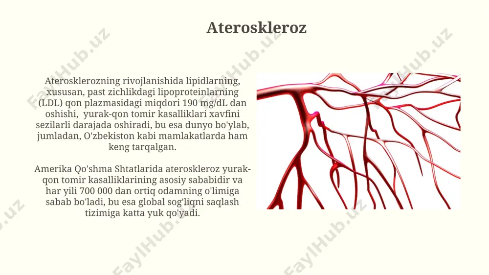 ing oldini olish uchun amerika kardiologiya kolleji tavsiyalariga ko‘ra, kuniga kamida 30 daqiqa jismoniy mashqlar bajarish va sog‘lom ovqatlanish muhim ahamiyat kasb etadi. trombozning 80% dan ortiq hollari chuqur tomir trombozi (chtt) ko‘rinishida uchrab, oyoq-qo‘llarning chuqur tomirlarida paydo bo‘ladi va o‘lim xavfini 10 baravar oshirishi mumkin. qon tomirlarining turlari qon tomirlarining uchta asosiy turi mavjud: arteriyalar, venalar va kapillyarlar bo'lib, ularning diametri 10 mikrometrdan 1 millimetrgacha o'zgarib turadi va butun inson tanasi, masalan, qo'l va oyoqlar kabi organlarga tarqaladi. arteriollar, arteriyalarning kichik shoxchalari, qon bosimini tartibga soladi va 50-100 mikrometr diametrga ega. ular periferik qarshilikning asosiy manbai bo'lib, organlarga qon oqimini boshqaradi, masalan, buyraklarga. qon tomir kasalliklari samarqand viloyatida o'tkazilgan tadqiqotlar shuni ko'rsatdiki, chekish, yuqori qon bosimi va semirish qon tomir kasalliklari xavfini 3 baravar oshiradi. qon tomir kasalliklari, masalan, ateroskleroz, o'zbekistonda yurak-qon tomir kasalliklari o'limi sabablarining 45% dan ortig'ini tashkil etadi va 50 yoshdan oshgan aholi orasida keng tarqalgan. …