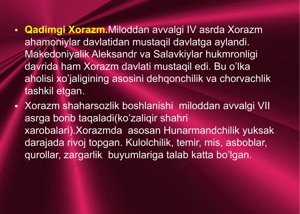 ovon davlatini otlarini maxtab ularni samoviy otlardiya nombergan. dovon davlati xitoy va sharqning boshqa mamlakatlari bi­lan bo`lgan xalqaro savdoda muhim o`rin tutgan. xitoy hukm­dorlarini ko`proq farg`onaning zotli otlariqiziqtirardi. otlar nas­lining biriga hatto ular "samoviy" deb nom berganlar. "sa­moviy otlar" mukammal va go`zal ko`rinishga ega bo`lgan. qadimshunoslar topgan dalillar xitoy solnomalaridagi ma'lumotlarni tasdiqladi: miloddan avvalgi ii— i asrlarda farg`ona yuksak taraqqiy etgan, aholisi ko`p sonli,yaxshi qurollangan va mashq ko`rgan qurolli kuchlarga ega davlat bo`lgan. farg`ona davlatining sho`rabashat, uchqo`rg`on singari va boshqa shaharlari atrofidagi aholisi yerni ishlash, sholi va bug`doy yetishtirish, bog`dorchilik va uzumyetishtirishda katta yutuqlarga erishgan. olimlarning aniqlashicha, milodiy ii asrda farg`ona davlati barham topgan. dovonda bo`lgan xitoy sayyohi chjan syan bunday deb yozadi: "dovon diyorida 70 tacha kattakichik shahar bor; aholisining soni bir necha yuz mingga yetadi. o`q-yoy va nayzalar bilan qurollanishgan. xalqi ot choptirib o`q otishga mohir". dovon – farg`ona davlati (mil.av.iii asr - mil. ii asr) · parkana …