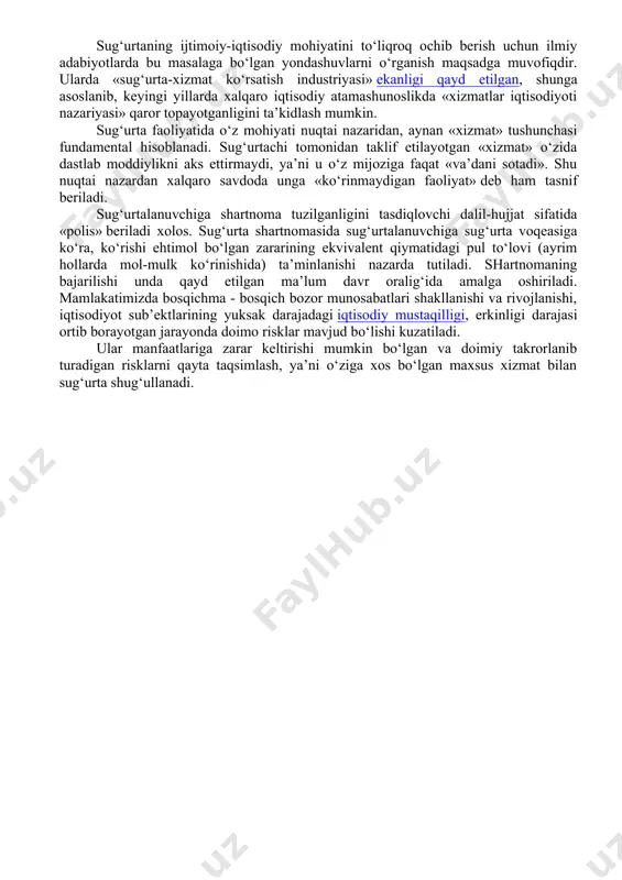 atlari). sug‘urta faoliyatini olib boruvchi tashkilotlar davlat organlarining tegishli litsenziyasiga ega bo‘lishi zarur. sug‘urtalanuvchi – sug‘urtalovchi bilan aniq sug‘urta munosabati o‘rnatgan va tegishli sug‘urta mukofotlarini to‘lovchi yuridik yoki jismoniy shaxs. sug‘urta vositachilari – sug‘urtalovchi va sug‘urtalanuvchi o‘rtasida vositachilik vazifasini bajaruvchi yuridik shaxs. maqomi bo‘yicha vositachi sug‘urtalanuvchining manfaatlarini himoya qiladi. ko‘rsatgan xizmatlari uchun vositachi sug‘urtalanuvchidan emas, balki sug‘urta kompaniyasidan tegishli vositachilik haqini oladi. bozor munosabatlari takomillashuvi iqtisodiy infratuzilmaning qaror topishi bilan birgalikda kechadigan jarayondir. sug‘urta faoliyati iqtisodiy infratuzilmaning ajralmas qismi sifatida bir tomondan, ijtimoiy kafolatni ta’minlasa, ikkinchi tomondan, shartnomaviy majburiyat va tariflar mexanizmi orqali turli sug‘urta risklaridan ogoh etish negizida iqtisodiyot sub’ektlari manfaatlarining himoyasini ham o‘z zimmasiga oladi. sug‘urta faoliyati jismoniy va yuridik shaxslar manfaatlarini himoya qilish, ularning risklar yuz berishi oqibatida ko‘rishi ehtimol bo‘lgan zararlarini qoplashning zaruriy vositasi sifatida paydo bo‘ldi hamda rivojlandi. shunday anglanilgan zarurat - aniq sug‘urta manfaatlari negizida sug‘urta munosabatlari yuzaga keldi. sug‘urta munosabatlari, ularning tashkiliy shakllari …