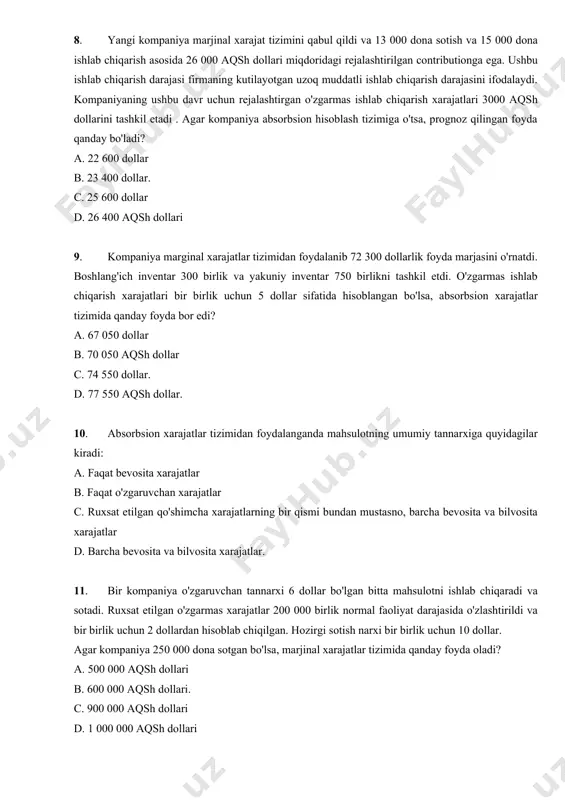 400 aqsh dollari 9. kompaniya marginal xarajatlar tizimidan foydalanib 72 300 dollarlik foyda marjasini o'rnatdi. boshlang'ich inventar 300 birlik va yakuniy inventar 750 birlikni tashkil etdi. o'zgarmas ishlab chiqarish xarajatlari bir birlik uchun 5 dollar sifatida hisoblangan bo'lsa, absorbsion xarajatlar tizimida qanday foyda bor edi? a. 67 050 dollar b. 70 050 aqsh dollar c. 74 550 dollar. d. 77 550 aqsh dollar. 10. absorbsion xarajatlar tizimidan foydalanganda mahsulotning umumiy tannarxiga quyidagilar kiradi: a. faqat bevosita xarajatlar b. faqat o'zgaruvchan xarajatlar c. ruxsat etilgan qo'shimcha xarajatlarning bir qismi bundan mustasno, barcha bevosita va bilvosita xarajatlar d. barcha bevosita va bilvosita xarajatlar. 11. bir kompaniya o'zgaruvchan tannarxi 6 dollar bo'lgan bitta mahsulotni ishlab chiqaradi va sotadi. ruxsat etilgan o'zgarmas xarajatlar 200 000 birlik normal faoliyat darajasida o'zlashtirildi va bir birlik uchun 2 dollardan hisoblab chiqilgan. hozirgi sotish narxi bir birlik uchun 10 dollar. agar kompaniya 250 000 dona sotgan bo'lsa, marjinal …