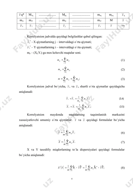 rmulalar bo`yicha aniqlanadi. bu qiymatlar va mxj, xj, mui, ui larning qiymatlari 2- jadvalning mos kataklarida keltirilgan. 8. natural tasodifiy miqdorlarning umumiy o`rta qiymatlari aniqlanadi: (29) (30) 9. kodlangan tasodifiy miqdorlarning dispersiyalari aniqlanadi: 10. kodlangan tasodifiy miqdorlarning o`rtacha kvadratik og`ishlari aniqlanadi: s(x)=2,03; s(y)=2,45. 11. (18) va (19) formulalardan foydalanib x va y tasodifiy miqdorlar natural qiymatlarining dispersiyalari aniqlanadi: 12. tasodifiy miqdorlar natural qiymatlarining o`rta kvadratik og`ishi hisoblanadi: s(x)=36,946 , s(y)=0,83 1 (17) formula bo`yicha korrelyatsiya koeffitsiyenti aniqlanadi: determinatsiya koeffitsiyenti kdr=r2yx=0,6272. bu koeffitsiyent chiquvchi ko`rsatkich o`zgarishining 62,72 foizi kiruvchi ko`rsatkichning o`zgarishiga, 37,28 foizi esa boshqa tasodifiy faktorlarga to`g`ri keladi. 14. styudent mezonidan foydalanib, korrelyatsiya koeffitsiyentining ahamiyatliligi aniqlanadi: 2 – jadval. mezonning jadval qiymatini 7- ilovadan qaraladi: tj[rd=0,95; f=m-2=98]=1,98. tx=12,85>tj=1,98, bo`lgani uchun, korrelyatsiya koeffitsiyenti ahamiyatli, y va x orasida korrelyatsion bog`lanish borligi haqidagi faraz inkor etilmaydi. 15. fisher almashtirishidan foydalanib, korrelyatsiya koeffitsiyentining ishonchlilik intervallari aniqlanadi: ryx=thz yoki bu usuldan x va y …