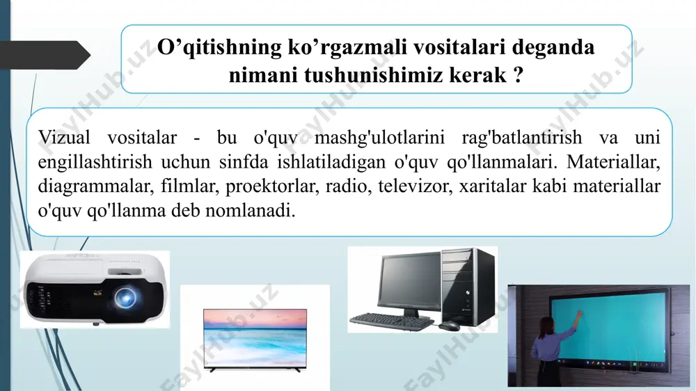 i 2x2 dyuymli slaydlar va audio lentalarning kombinatsiyasidir, bu ko'p qirrali, foydalanishda qulay va ham guruh, ham mustaqil o'rganish uchun samarali. ushbu ovozli slayd dasturlari qo'lda yoki avtomatik ravishda kengaytirilishi mumkin. qo'lda ishlashda odatda vizual va audio komponentlarga ajratiladi. taqdimotchi vizual va audio sinxronlashtirilishini ta'minlashi kerak bo’ladi. avtomatik ishlashda u ikkita ovozli trekdan foydalanadi - bittasi eshitiladigan vaziaytlar uchun va slayd proektoridagi oldinga siljish mexanizmini faollashtiradigan eshitilmaydigan vaziyatlar uchun. diafilm ! diafilm - bu birma-bir namoyish qilish uchun mo'ljallangan bir qator tegishli suratlarni o'z ichiga olgan 35 mm shaffof plyonka. film plyonkalarining standart formati - bu bitta kadrli diapazon bo'lib, unda tasvirlar plyonkaning uzunligiga perpendikulyar ravishda bosilgan bo'lsa, 35 mm slayd plyonkasida tasvirlar plyonka uzunligiga parallel. ushbu proektorda audiokomponent mavjud emas. hikoyaviy ma'lumotlar har bir kadrning pastki qismida bosiladi yoki alohida qayd qilinadi. slaydlar o'qituvchi va talabalar tomonidan tayyorlanishi mumkinligi sababli, filmlar ommaviy ishlab chiqarish va tarqatish uchun yaxshiroqdir. audio …