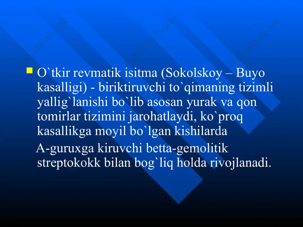 n eritema – qo’l va oyoqlarning ichki qismida, bo`yin sohasida joylashgan pushti rangdagi qichimaydigan toshmalar. teri osti revmatik tugunchalar – bo`g`im soxasidagi periartikulyar to`qimada joylashgan mayda xosilalar. kichik xoreya – xusnixat o`zgarishi, talaffuzni tushunarsizligi va xarakatlarning noqulayligi bilan kuzatiladigan qul va oyoqlarning, mimik muskullarning o`ziga bog`liq bo`lmagan xaotik xarakatlari. o`tkir revmatik isitma diagnostikasi uchun qo`llaniladigan kissel - djons diagnostik mezonlari (arr, 2003 modifikasiyasida) 1. katta mezonlar 1.1 kardit 1.2 poliartrit 1.3 xoreya 1.4 teri osti revmatik tugunlari 1.5 xalqasimon eritema qo`shimcha mezonlar: - a. umumiy: 2.1 tana xaroratini ko`tarilishi 2.2 adinamiya, tez charchash, jizzakilik 2.3 teri qoplamlarining rangparligi 2.4ko`p terlash 2.5 burun qonashi 2.6 abdominal sindrom b. maxsus (laborator ko`rsatkichlar) 3.1 leykositoz (neytrofil) 3.2 disproteinemiya, echt oshishi 3.3 qondagi patologik serologik ko`rsatkichlar: aslo, ask, asg titrlarni oshishi. 3.4 kapillyarlar o`tkazuvchanligini oshishi. revmatizm ishchi tasnifi va nomenkulaturasi (loyiha) 1990 y kasallik fazasi zararlanishning klinik -morfologik tavsifi qae kechish xususiyatlari yurak boshqa …