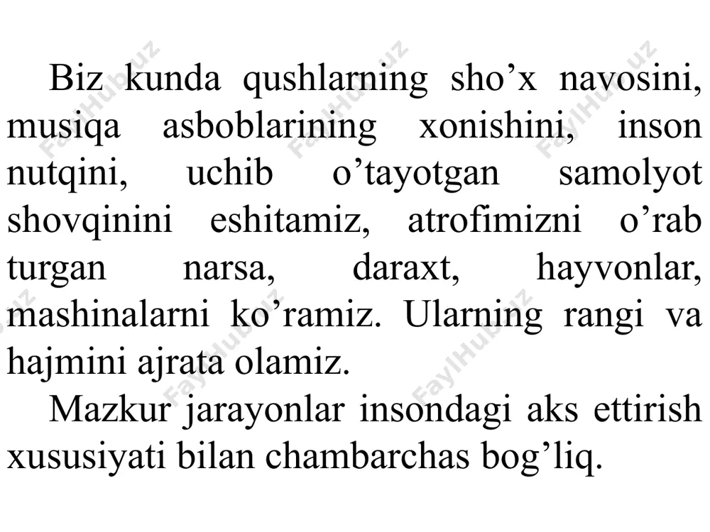 ar deb tushuntiradi. platonning dualizm shogirdi arastu (aristotel eramizdan oldingi iv asr 384-322 yillar) tomonidan birmuncha muvaffaqiyatli bartaraf etildi. aristotelning "jon haqida" asari o’sha davrdayoq psixologiya maxsus fan sifatida maydonga kela boshlaganidan dalolat beradi. ana shu tufayli psixologiya jon haqidagi fan sifatida maydonga kelgan va hozirgi kunda psixologiya fani o’z mazmunini batamom o’zgartirgan. miya va psixika psixika yuksak darajada tashkil topgan materiyaning alohida xossasi bo’lib, u ob'ektiv olamni alohida bir tarzda aks ettiradi. yuksak darajada tashkil topgan materiya deganda biz miyani tushunamiz. demak inson va hayvonlar psixikasining moddiy asosini markaziy nerv sistemasining eng yuksak qismi bo’lmish bosh miya tashkil etadi. ammo insonlar miyasi hayvonlar miyasiga qaraganda qancha murakkabroq tuzilgan bo’ladi. odam miyasi hajmi jihatidan ham katta. agar maymun miyasining og’irligi 400-500 g bo’lsa, odam miyasining og’irligi o’rta hisobda 1400 g dir. nerv sistemasi nerv to’qimasidan iborat, bu to’qima esa nerv hujayralaridan tuzilgan. nerv hujayrasi protoplazmadan tuzilgan tana bo’lib, ikki turli …