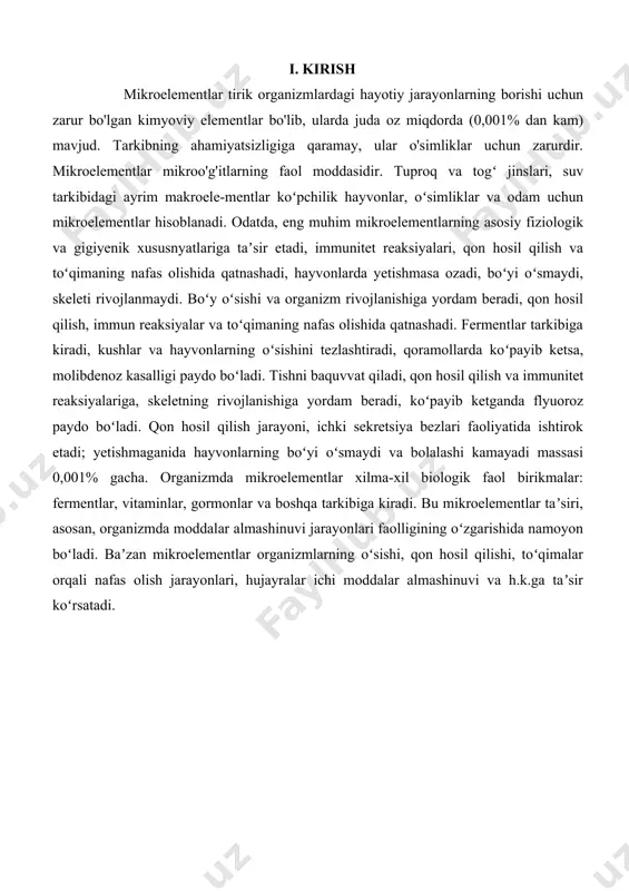 r almashinuvi va h.k.ga taʼsir koʻrsatadi. i mikroelementlarning tabiatda tarqalishi. mikroelementlar tirik organizmlardagi hayotiy jarayonlarning borishi uchun zarur bo'lgan kimyoviy elementlar bo'lib, ularda juda oz miqdorda mavjud. tuproqda mikroelementlar kam yoki koʻp boʻlsa, oʻsimlik va hayvonlar organizmida mikroelementlar yetishmovchiligi yoki ortiqligi payqaladi. chorva mollarining mahsuldorligini oshirish uchun mol ozigʻiga mikroelementlar qoʻshib beriladi. oʻsimlik va hayvon mahsulotlaridan iborat oziq-ovqat odam organizmiga kiradigan mikroelementlarning asosiy manbaidir. ichiladigan suv odam organizmining yod, mis, rux, marganets, kobalt kabi mikroelementlarga boʻlgan sutkalik ehtiyojining faqat 1 — 10% ini taʼminlaydi. mikroelementlar organizmda bir xil tarqalmaydi. ularning biror organda koʻp toʻplanishi elementning fiziologik roli va shu organning oʻziga xos faoliyatiga bogʻliq (mas, jinsiy bezlarda zn koʻp toʻplanadi va ularning funksiyasiga taʼsir etadi); baʼzi hollarda mikroelementlarning organlar funksiyasiga taʼsir etishi toʻplanish joyiga bogʻliq boʻlmaydi. odam organizmida koʻpchilik mikroelementlar (al, ti, cl, pb, f, sr, ni) miqdori yoshga qarab orta boradi. oʻsish, rivojlanish davrida mikroelementlar miqsori tez ortib, 15—20 …