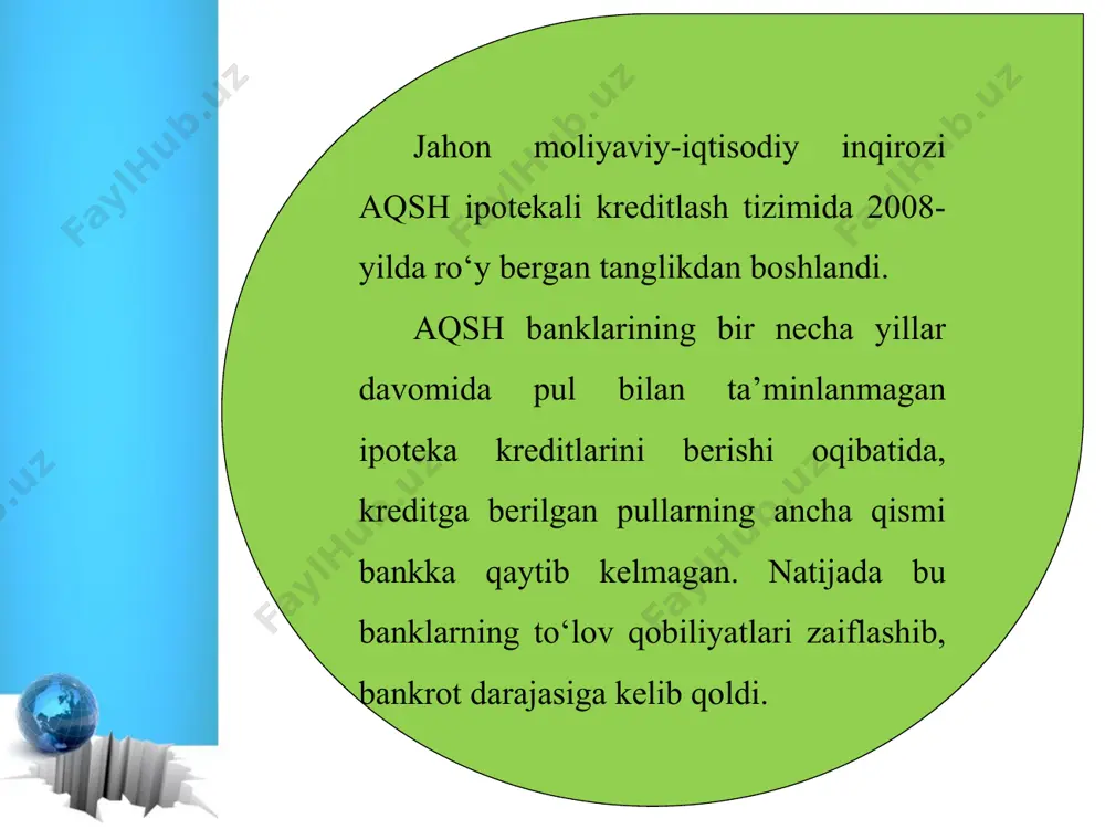 tark etmoqda. yurtimizda ishlab chiqarilayotgan mahsulotlar borgan sari jahon bozorida xaridorgir bo‘lib, o‘zbekiston brendi dunyo mamlakatlariga tanilib bormoqda. xalqaro moliya bozorida ham keyingi yillarda o‘zbekiston sezilarli bitimlarni amalga oshirmoqda. zamonaviy texnologiyalar bilan jihozlangan, axborot-kommunikatsiya texnologiyalarini o‘z faoliyatida keng tatbiq etayotgan milliy bozor infratuzilmalari xalqaro bozor infratuzilmalari bilan tobora uyg‘unlashib bormoqda. aytilganlarning barchasi, albatta, o‘zbekiston iqtisodiyotining shiddat bilan rivojlanishi uchun zamin bo‘lib xizmat qiladi. lekin shuning bilan bir paytda milliy iqtisodiyotimizning global iqtisodiyot bilan uzviy va chambarchas bog‘liqligi kelajakda jahon iqtisodiyotida har xil inqirozlar yuz beradigan bo‘lsa, buning mamlakatimiz iqtisodiyotiga salbiy ta’siri xavfini ham keskin oshiradi. shuning uchun ham yangi sharoit respublikamiz iqtisodiyoti oldiga bo‘lg‘usi, ehtimoliy inqirozlar paytida muhofazalanishga tayyor bo‘lish talabini qo‘ymoqda. * yurtimizda iqtisodiy sohada olib borilayotgan qator tizimli ishlarning mazmun-mohiyati ham shunda. ya’ni, mamlakatimiz iqtisodiyotining jahon bozoridagi raqobatbardoshligini, uning turli tebranishlar va inqirozlarga chidamliligini oshirish so‘nggi yillardagi keskin iqtisodiy islohotlarning maqsadlaridan biridir. so‘nggi yillarda amalga oshirilayotgan islohotlar natijasida …