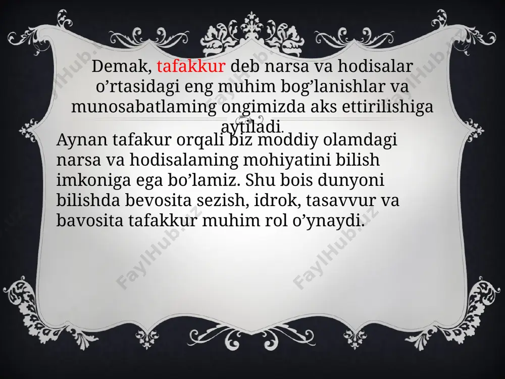 ahlil qilamiz. analiz jarayonida butunning uning qismlariga va elementlariga bo’lgan munosabati aniqlanadi. tahlil ob'ektlari amalda ajratib bo`lmaydigan elementlarga yoki belgilarga bo’lishda ifodalanishi mumkin. sintez - shunday bir tafakkur operasiyasidirki, biz narsa va hodisalarning analizda bo’lingan, ajratilgan ayrim qismlarini, bo’laklarini sintez yordami bilan fikran va amaliy ravishda birlashtirib, butun holiga keltiramiz. sintez elementlarning, narsa va hodisalarning qismlari va bo’laklarini bir butun qilib bo’lishdan iborat aqliy faoliyat ekanligi ta'rifdan ko’rinib turibdi. analiz aqliy bo'lgani kabi sintez ham amaliy xarakter kasb etadi. analiz va sintez o’zaro bevosita mustahkam bog’langan yagona jarayonning ikki tomonidir. agar narsa va hodisalar analiz qilinmagan bo’lsa, uni sintez qilib bo’lmaydi, har qanday analiz predmetlarni narsalarni bir butun holda bilish asosida amalga oshirilishi lozim. taqqoslash - shunday bir tafakkur operasiyasidirki, bu operasiya vositasi bilan ob'ektiv dunyodagi narsa va hodisalarning bir-biriga o’xshashligi va bir-biridan farqi aniqlanadi. xix-xx asrlarda yashagan olim k.d.ushinskiy taqqoslash jarayoni borasida quyidagilarni ta’kidlagan: "agar siz tabiatni bir narsasini …