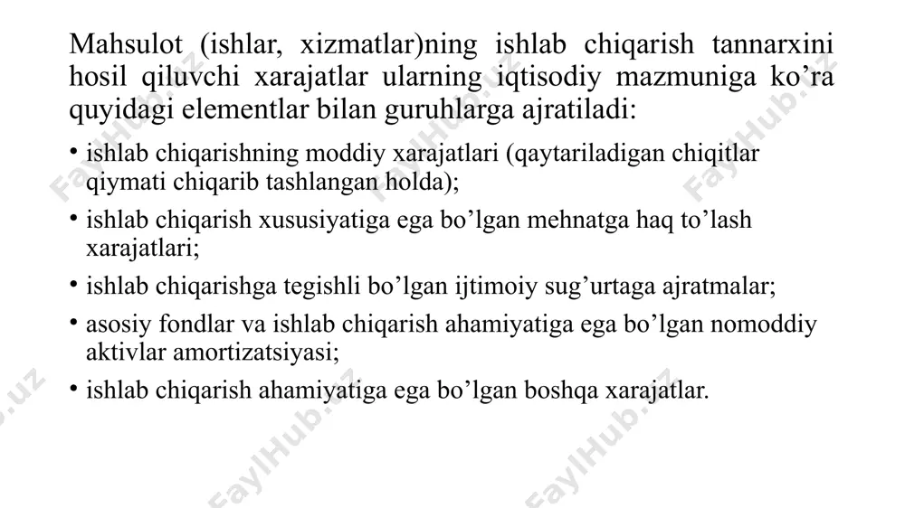 i (har yilgi) va qo’shimcha ta’tillar, navbatdagi (har yilgi) foydalanilmagan va qo’shimcha ta’tillar uchun kompensatsiyalar, o’smirlarning imtiyozli soatlari, bolani ovqatlantirish uchun onalar ishidagi tanaffuslar, shuningdek, tibbiy ko’riklardan o’tish bilan bog’liq vaqt uchun haq to’lash; - majburiy ta’tilda bo’lgan xodimlarga, asosiy ish haqini qisman saqlab qolgan holda, haq to’lash; -donor xodimlarga qonni tekshirish, topshirish kunlari uchun va qon topshirilgan har bir kundan keyin beriladigan dam olish kunlari uchun haq to’lash; - davlat vazifalarini bajarganlik uchun (harbiy yig’inlar, favqulodda vaziyatlar bo’yicha yig’inlar va boshqalar) mehnat haqi to’lash; ishlab chiqarish xarajatlarini rejalashtirish xarajatlarni iqtisodiy-ijtimoiy elementlar bo’yicha guruhlash quyidagi tartibda amalga oshiriladi: 1. xom ashyo va yordamchi materiallar; 2. yoqilg’i va elektroenergiya xarajatlari; 3. asosiy va qo’shimcha ish haqi; 4. ijtimoiy sug’urta ajratmalari; 5. amortizatsiya ajratmalari; 6. boshqa xarajatlar. xarajatlarni kalkulyatsiya moddalari bo’yicha guruhlashda quyidagi moddalar shakllanantiriladi: - xom ashyo; - yordamchi materiallar; -texnologik maqsadlar uchun yoqilg’i sarfi; - asosiy va yordamchi ish haqi; …