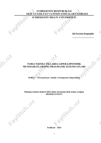 turli tizimli tillarda giper-giponimik munosabatlarning pragmatik xususiyatlari — DOCX