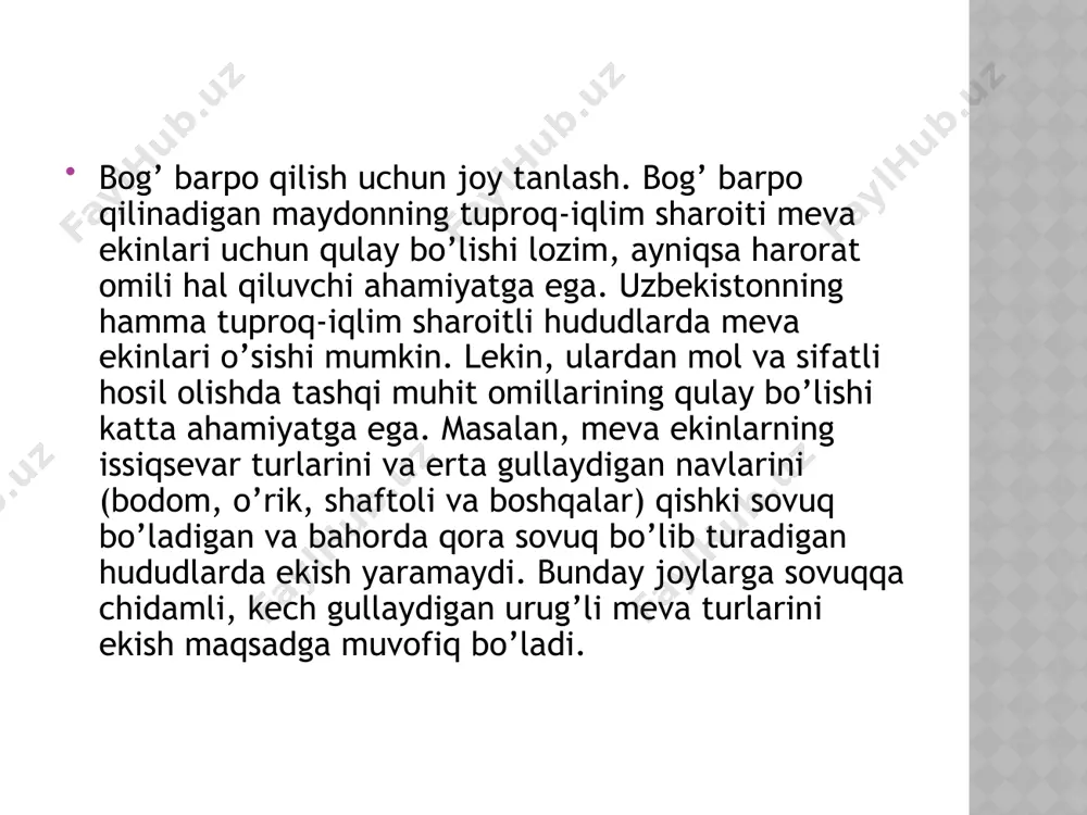 lganda palaxsa bo’lib ko’chadi, juda nam bo’lsa ham yopishoq bo’lib, keyinchalik tez qotib qoladi. bog’da o’suv davrida qator oralariga ishlov berish tirgovuchlar qo’yilgunga qadar davom etishi mumkin. 3.meva daraxtlariga shakl berish va butash meva daraxtlariga shakl berish bilan daraxtning hosilga kirish muddatlarini o’zgartiradi, uning mahsuldorlik davrini uzaytirish, mustahkam, yoritilgan shox-shabba tuzish, bog’larni parvarish kilishni kulaylashtirish, yildan-yilga meva berishini tartibga solish, daraxt hosildorligini oshirish mumkin va hokazo. shakl berish va kesish orkali gektariga ko’prok daraxt joylashtirishga imkon beradigan ixcham (kompakt) shox-shabbalar tuzish, shu bilan bir vaktda kesishda, mevalarni terishda mehnat unumdorligini oshirish mumkin. ixcham shox-shabbalar bog’ ishlarini mexanizatsiyalashga yordam beradi. kam shox-shabbasi va yassi shakllar birmuncha afzalikllarga ega, ularda asosiy shoxlar kam, o’suvchi shoxlar esa ko’p bo’ladi. ular juda serbarg bo’lganda, hosil shoxlari ko’p bo’ladi. bu shakllar daraxtlarni zichlashtirish va yukori meva hosili olishga imkon beradi. kesish. meva daraxtlariga ta‟sir etadigan eng faol agrotexnik usullardan biri bo’lib, ularni parvarish kilish kompleksida …