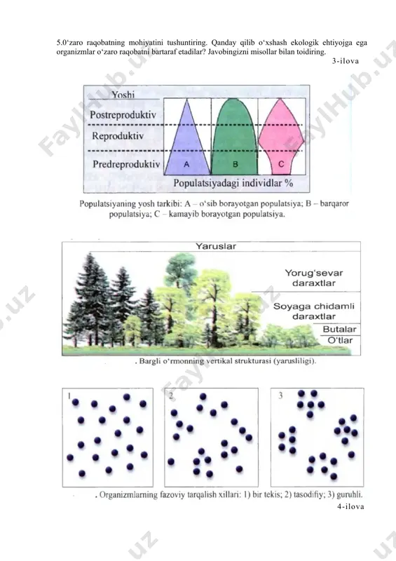 amsoyalikdan va hamtovoqlikdan qanday farq qiladi? javobingizni misollar bilan toidiring. 4.qanday biotik munosabatlarni amensalizm deyish mumkin? amensalizm munosabatlarga misollar keltiring. tirik organizmlar uchun bunday munosa- batlarning qanday ahamiyati bor? 5.0‘zaro raqobatning mohiyatini tushuntiring. qanday qilib o‘xshash ekologik ehtiyojga ega organizmlar o‘zaro raqobatni bartaraf etadilar? javobingizni misollar bilan toidiring. 3-ilova 4-ilova mustaqil bajarish uchun topshiriq. . t/r tushunchalar t/r tushunchalarga izohlar 1 tug‘iluvchanlik a biotopda yashaydigan turlaming umumiy soni 2 zichlik b biotopda tez-tez uchraydigan va ko‘p sonli turlar 3 yosh tarkibi c maydon yoki hajm birligidagi organizmlar soni 4 subdominant turlar d organizmlaming ko‘payishi hisobiga vaqt birligida po- pulatsiyada paydo boigan organizmlar soni 5 turlar boyligi e organizmlaming maksimal soni 6 biotsenozning fazoviy stukturasi f organizmlaming minimal soni 7 miqdoming yuqori chegarasi h muayyan hudud yoki hajmdagi organizmlaming umumiy soni 8 etologik stuktura g biotopda turlaming vertikal hamda gorizontal yo‘nalishlarda maium qonuniyat bo‘yicha joylashishi 9 soni i turli yoshdagi organizmlar …