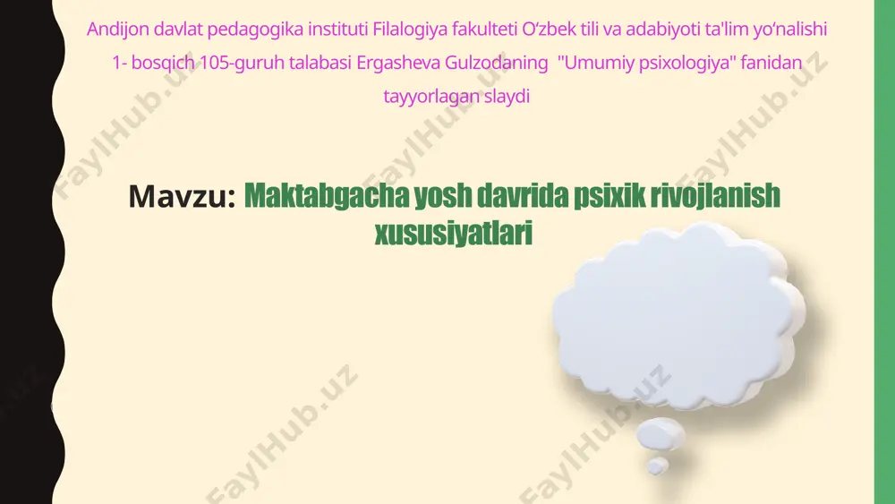 vojlanishi 1 ko'rgazmali-harakatli tafakkur maktabgacha yoshdagi bolalar ko'rgazmali-harakatli tafakkurga ega. ular ob'ektlar bilan harakat qilish orqali fikrlaydilar. tarbiyachilar bolalarga turli xil materiallar bilan o'ynash va tajriba o'tkazish imkoniyatini berishlari kerak. 2 ko'rgazmali-obrazli tafakkur ko'rgazmali-obrazli tafakkur keyinroq rivojlanadi. bolalar ob'ektlarni ko'rmasdan tasavvur qila oladilar. tarbiyachilar bolalarga kitob o'qib berish, rasmlar ko'rsatish va hikoyalar so'zlab berish orqali ularning tasavvurini rivojlantirishlari mumkin. 7 nutqning rivojlanishi lug'at boyligi maktabgacha yoshdagi bolalarning lug'at boyligi tez sur'atlar bilan o'sadi. tarbiyachilar bolalar bilan suhbatlashish, kitob o'qib berish va yangi so'zlarni o'rgatish orqali ularning lug'at boyligini oshirishlari mumkin. grammatik tuzilish bolalar grammatik qoidalarni o'rganadilar va to'g'ri gapirishga harakat qiladilar. tarbiyachilar bolalarga to'g'ri gapirishni o'rgatishlari va xatolarini tuzatishlari mumkin. 8 shaxsiyatning rivojlanishi o'z-o'zini anglash bolalar o'zlarini boshqa odamlardan ajrata boshlaydilar va o'zlarining xususiyatlarini anglaydilar. tarbiyachilar bolalarga o'zlarini qabul qilishga va o'zlariga ishonishga yordam berishlari mumkin. ijtimoiy munosabatlar bolalar boshqa bolalar bilan munosabat o'rnatishni o'rganadilar. ular do'stlashadilar, o'ynaydilar va bahslashadilar. …