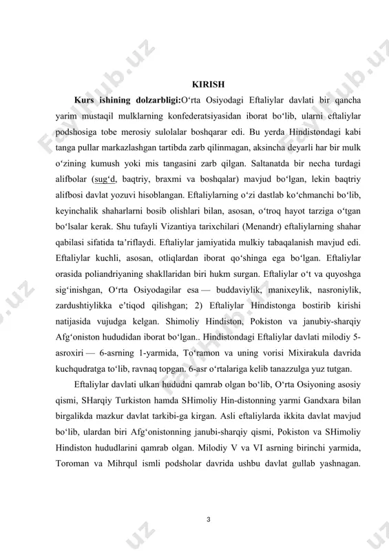 b eftaliylar yordamida hokimiyatga kelgan pero‘z keyinchalik ularning g‘animiga aylanadi hamda 459-484 yillarda eftaliylarga qarshi uch marta yurish qiladi. birinchi yurishdayoq pero‘z mag‘lubiyatga uchrab asirga tushadi. vizantiya imperatori zenon o‘rtaga tushib katta mablag‘ evaziga uni eftaliylar tutqunligidan xolos qiladi. shartnomaga muvofiq pero‘z chegara yaqinidagi talikon shahrini eftaliylarga topshirish hamda ikki o‘rtadagi chegarani qayta buzmaslik majburiyatini oladi . kurs ishining tuzulishi: kirish qismi, asosiy qismdagi 2 bob va 5 paragraf, xulosa, foydalanilgan adabiyotlar ro'yxatidan iborat. i-bob eftalitlarning kelib chiqishi va paydo bo'lishi 1.1 eftalitlar bilan tanishtirish eftaliylar, ularning etnik tarkibi, davlat tashkil etishlari xususida tarixiy manbalarda turli xil qarashlar mavjud. rim va vizantiya tarixchilari martselin (iv asr), prokopiy kesariyskiy, feofan vizantiyskiy (vi asr), arman tarixchilari lazar parbskiy (v asr), favst buzand (iv asr), xitoy solnomalaridan bey-shi (vi asr) bergan ma’lumotlar shular jumlasidandir. masalan, eftaliylar xitoy manbalarida «i-da», «e-da», armanlarda idal, xeptal, arablarda haytal, suriya va lotin manbalarida eptal, abdal deb nomlanadi. …