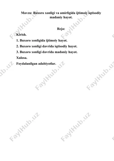 buxoro xonligi va amirligida ijtimoiy iqtisodiy madaniy hayot — DOCX