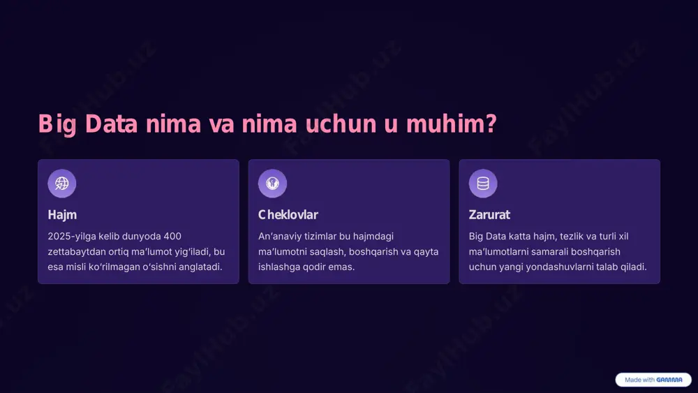 distributed file system) hdfs katta hajmdagi ma’lumotlarni ko‘p tugunlarga (serverlarga) taqsimlab saqlash uchun mo‘ljallangan. bu xususiyat ma’lumotlarning ishonchli va arzon saqlanishini ta’minlaydi. • namenode: fayl tizimining metadatasini boshqaradi, ya’ni fayl nomlari, joylashuvi va ruxsatnomalari haqidagi ma’lumotlarni saqlaydi. • datanode: haqiqiy ma’lumot bloklarini saqlaydi. har bir datanode mustaqil ishlaydi va namenode ko‘rsatmalariga amal qiladi. hdfs ma’lumotlarni bir nechta nusxada saqlash orqali tizim nosozliklariga chidamlilikni ta’minlaydi. https://gamma.app/?utm_source=made-with-gamma https://gamma.app/?utm_source=made-with-gamma yarn va mapreduce: resurslarni boshqarish va ma’lumotlarni qayta ishlash yarn (yet another resource negotiator) yarn hadoop klasteridagi resurslarni taqsimlaydi va turli ilovalarning ishlarini rejalashtiradi. bu hadoop ekotizimining samaradorligini oshiradi. mapreduce mapreduce katta ma’lumotlarni parallel tarzda qayta ishlash uchun asosiy dasturlash modelidir. u ikki asosiy bosqichdan iborat: map bosqichi ma’lumotlarni filtrlash, tartiblash va kichikroq bo‘laklarga ajratish. reduce bosqichi map bosqichidan olingan natijalarni yig‘ish, umumlashtirish va yakuniy natijani shakllantirish. https://gamma.app/?utm_source=made-with-gamma https://gamma.app/?utm_source=made-with-gamma qo‘shimcha vositalar: spark, hive, pig spark real vaqtda tezkor ma’lumotlarni qayta ishlash uchun mo‘ljallangan. mashinani …