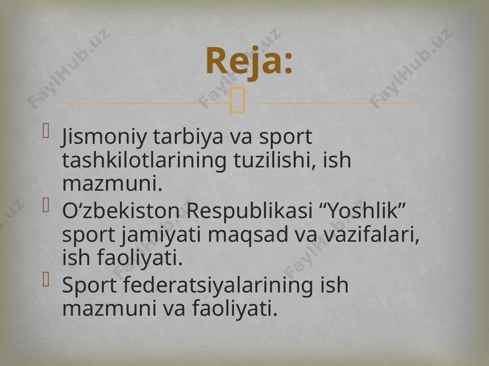 yatlari xamda ularning quyi tarmoqlarida turli xil qarorlarni ishlab chiqish, ularni qabul qilish va amalga oshirish faoliyatlari yagona tartibda olib boriladi. bunda quyidagi faoliyatlardan foydalanishga to‘g‘ri keladi:  rejalar asosida yig‘ilish (majlis) kun tartibini belgilash. asosiy masalalar bo’yicha materiallar (ma’lumotlar, dalillar) yig‘ish. ma’ruza (xisobot, nutq, muloxaza va xokazo) tayyorlash. yigilishgacha qaror loyihasini tayyorlash. yig‘ilish jarayonida barcha ma’ruza, muzokaralar, nutqlar, chiqishlar bayonini yozib borish. yig‘ilish oxirida qaror loyixasini muhokama qilish va o‘zgartirishlar kiritish. qarordagi asosiy vazifa, topshiriqlardan ko‘chirmalar olib, tegishli rahbar va tashkilotlarga jo‘natish.  6 majlis kun tartibi va muhokama qilinadigan masalalar qatoriga asosan quyidagilar kiritilishi zarur: yuqori tashkilotlaring qarorlari, ko‘rsatmalari asosida vazifalarni belgilash va ularning bajarilish yo‘llarini ishlab chiqish. qilingan ishlar yuzasidan hisobot va ma’lumotlar berish. musobaqalarning kalendar rejalari, nizomlar, sport unvonlar (darajalar) va hokazolar tasdiqlash. sport tashkilotlari, sport maktablari, murabbiylar va boshqa mansabdor shaxslarni ish lavozimiga tasdiqlash yoki ishdan ozod etish va boshqalar.  yuqori tashkilotlar qabul qilgan …