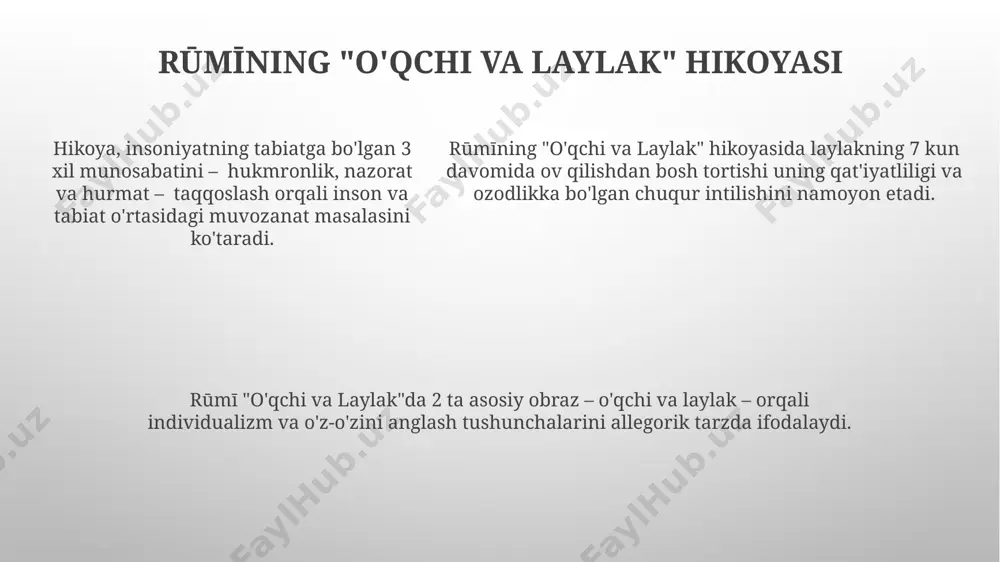 i. erkinlik, o'z-o'zini anglash va individual rivojlanish uchun 50% ko'proq imkoniyatlar beradi, qamoq esa individuallikni bostiradi va moslashuvchanlikni cheklaydi. hikoyaning zamonaviy ahamiyati hikoyaning ekologik ahamiyati, 30% dan ortiq tabiiy muhitni himoya qilish harakatlariga qo'shgan hissasini ekologik faollar tomonidan yuqori baholanmoqda. hikoya, zamonaviy dunyoda 7 milliarddan ortiq insonning individualligini hurmat qilish va ularning tabiiy istaklariga aralashmaslik zarurligini 21-asr qiymatlari orqali ta'kidlaydi. rumiy hikoyasi, shaxsning o'z-o'zini anglash va ichki erkinligiga intilishini aks ettirib, 10 dan ortiq psixologik tadqiqotlarga ilhom bergan. inson va tabiat munosabati rumiy hikoyasidagi qushning ozodlikka boʻlgan intilishi, insoniyatning tabiiy muhitga 21-asrda boʻlgan munosabatiga qarama-qarshilik sifatida koʻrsatilishi mumkin. inson tabiatga 3 xil yondashuvda boʻlishi mumkin: egallash, ishlatish va hamkorlik. rumiyning hikoyasi hamkorlik tamoyilini qoʻllab-quvvatlaydi. tabiatning 70% dan ortiq qismi suv boʻlib, insonning unga boʻlgan munosabati ekologik muvozanani saqlashga bevosita taʼsir qiladi. e'tiboringiz uchun rahmat @taqdimot_robot image1.png image2.png image3.png
