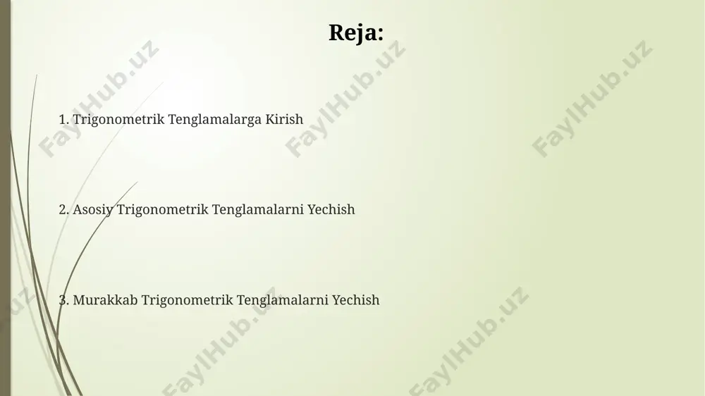 gonometrik tenglamalarni yechishda, ko'pincha 0 dan 2π gacha bo'lgan oralig'da yechimlarni topamiz va keyin 2πn ni qo'shib umumiy yechimni hosil qilamiz, bu yerda n butun son. masalan, sinx = 0.5 tenglama uchun ikkita yechim mavjud. trigonometrik tenglamalarni amaliy qo'llanilishi mexanikada, murakkab harakatlarni, masalan, 2π radiusli aylana bo'ylab harakatlanuvchi nuqtaning tezligini va tezlanishini hisoblashda, sinus va kosinus funksiyalaridan foydalaniladigan trigonometrik tenglamalar qo'llaniladi. elektrotexnikada, sinusoidal to'lqinlarning amplitudasini, chastotasini va fazalarini aniqlash uchun, masalan, 50 hz chastotali 220 v kuchlanishdagi to'lqinni tahlil qilishda trigonometrik tenglamalar muhim rol o'ynaydi. trigonometrik tenglamalar navigatsiya tizimlarida, masalan, samolyot yoki kemaning koordinatalarini aniqlashda qo'llaniladi, bu yerda burchak va masofa o'lchamlari 30°, 45°, 60° kabi qiymatlarni oladi. e'tiboringiz uchun rahmat @taqdimot_robot