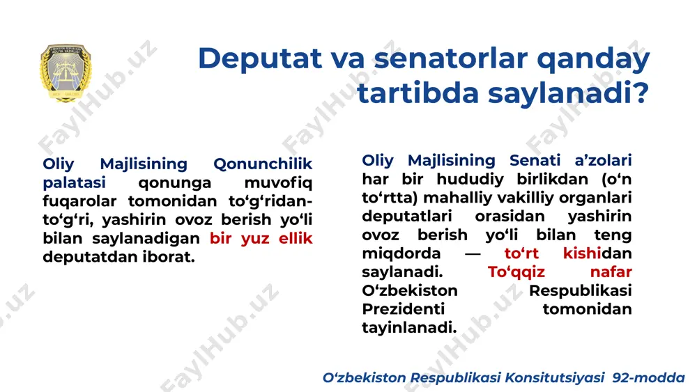 ekiston respublikasi oliy majlisining senati to‘g‘risida”gi o‘zbekiston respublikasi konsitutsiyaviy qonuni/ 2002-yil 12-dekabr,432-ii-son; “o‘zbekiston respublikasi oliy majlisi qonunchilik palatasi deputatining va senati a’zosining maqomi to‘g‘risida” gi o‘zbekiston respublikasi qonuni/ 2004-yil 2-dekabr, 704-ii-son. image1.png image2.jpeg image3.jpeg image4.jpeg
