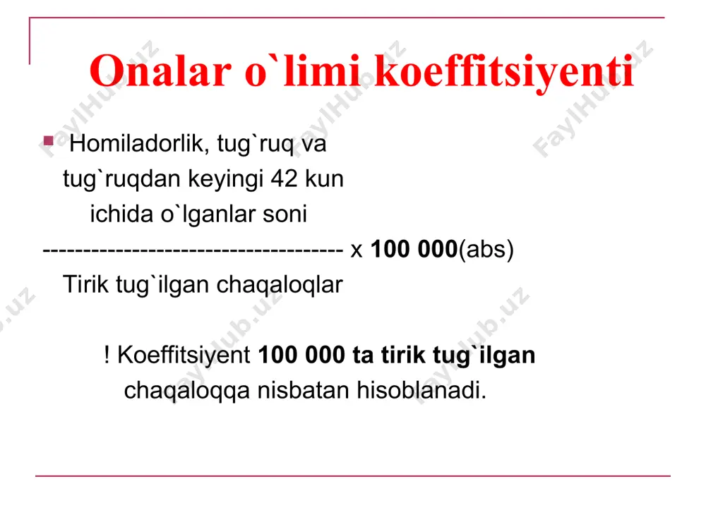 ll. chala ko`chishi njpbk to`liq ko`chishi plasenta qismi bu xomila tug‘ilishigacha platsentani ko‘chishi: -xomiladorlik davrda, -tug‘ruqning birinchi yoki ikkinchi davrida qon yo`ldosh * njpbk endometriyning tomiri patologiyasi egk: gipertoniya kasalligi, qandli diabet, yurak va buyrak kasalliklari gipertenziv o‘zgarishlar umumiy qon ketish – 600-2500ml. qon ketishning 3 tarkibiy qismi: tashqi qon ketish retroplatsentar gematoma sohasida (500-1500ml) qon sekvestratsiyasi va depolanishi hisobiga ichki qon ketish. current approach to reduction of maternal mortality * * * * remember that the differential diagnosis of vaginal bleeding is wide and depends on the gestational age. njpbk-klinika bachadon tarangligi (gipertonus) bachadon og‘riqligi homila qimirlamasligi yoki sust qimirlashi tug‘ruq yo‘llaridan qonli ajralma kelishi, bu belgi ba’zan kuzatilmaydi. shok. current approach to reduction of maternal mortality * njpbk- tadbirlar hodimlarni yordamga chaqiring! bemorni umumiy xolatini aniqlang: puls, aqb, nafas olish soni, spo2; bachadon xolati: shaklining o‘zgarishi, tonus, lokal og‘riq, lokal shish, qon ketish xarakteri, xomila yurak urishini baholang; …