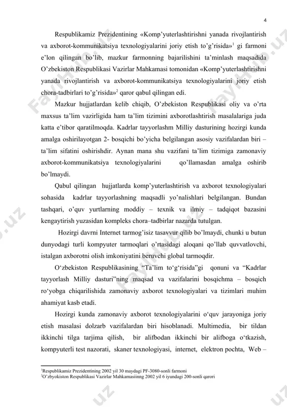 shu vazifani ta’lim tizimiga zamonaviy axborot-kommunikatsiya texnologiyalarini qo’llamasdan amalga oshirib bo’lmaydi. qabul qilingan hujjatlarda komp’yuterlashtirish va axborot texnologiyalari sohasida kadrlar tayyorlashning maqsadli yo’nalishlari belgilangan. bundan tashqari, o’quv yurtlarning moddiy – texnik va ilmiy – tadqiqot bazasini kengaytirish yuzasidan kompleks chora–tadbirlar nazarda tutulgan. hozirgi davrni internet tarmog’isiz tasavvur qilib bo’lmaydi, chunki u butun dunyodagi turli kompyuter tarmoqlari o’rtasidagi aloqani qo’llab quvvatlovchi, istalgan axborotni olish imkoniyatini beruvchi global tarmoqdir. o‘zbekiston respublikasining “ta’lim to‘g‘risida”gi qonuni va “kadrlar tayyorlash milliy dasturi”ning maqsad va vazifalarini bosqichma – bosqich ro‘yobga chiqarilishida zamonaviy axborot texnologiyalari va tizimlari muhim ahamiyat kasb etadi. hozirgi kunda zamonaviy axborot texnologiyalarini o‘quv jarayoniga joriy etish masalasi dolzarb vazifalardan biri hisoblanadi. multimedia, bir tildan ikkinchi tilga tarjima qilish, bir alifbodan ikkinchi bir alifboga o‘tkazish, kompyuterli test nazorati, skaner texnologiyasi, internet, elektron pochta, web – texnologiya, elektron virtual kutubxona, masofadan turib ta’lim berish, taqdim etish texnologiyasi, sun’iy tafakkur tizimlari – bularning barchasi zamonaviy axborot …